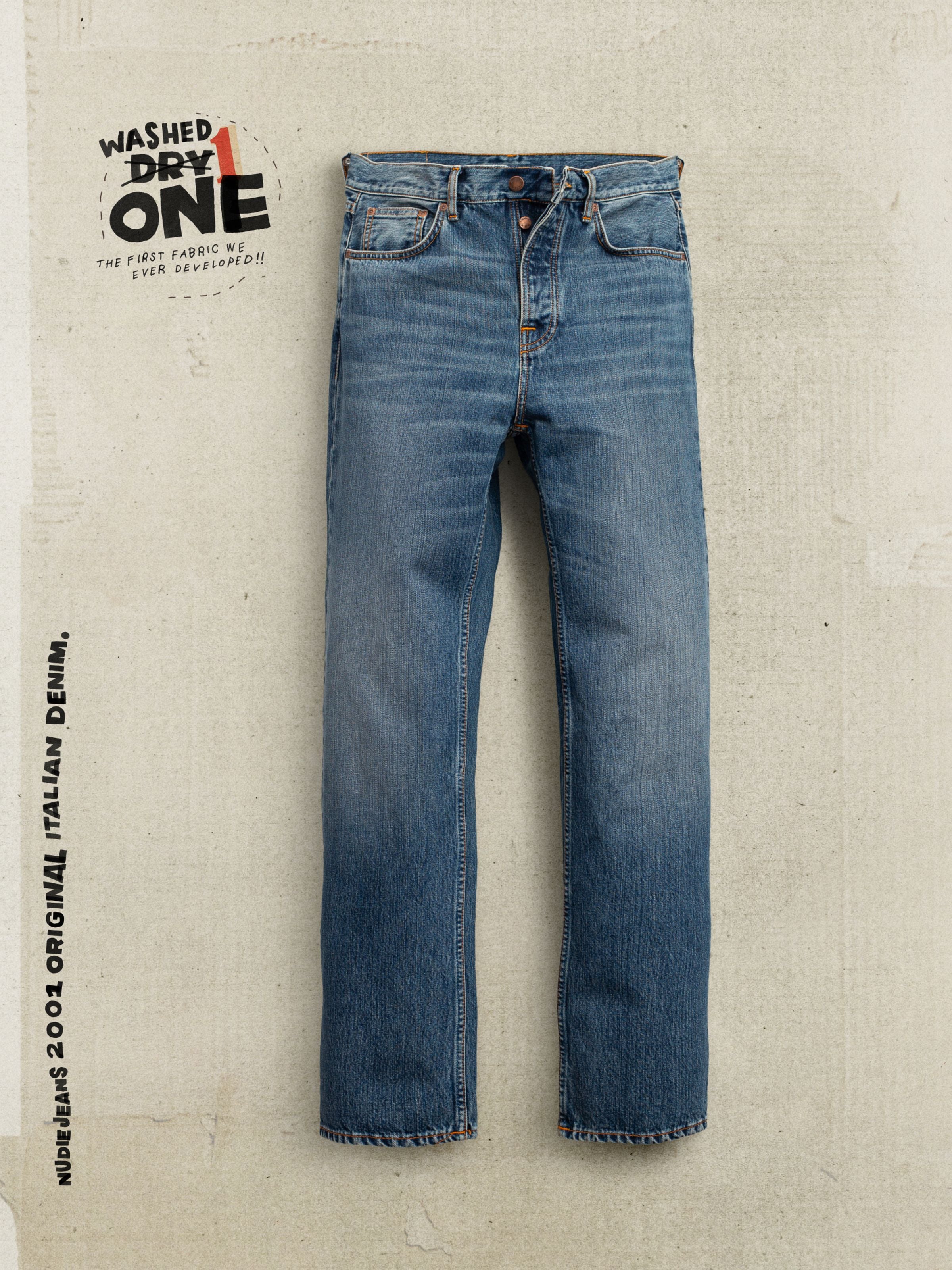 Nudie Jeans Tuff Tony Quiet Gold, loose fit men's jeans in mid blue organic cotton rigid denim, shown laid flat.