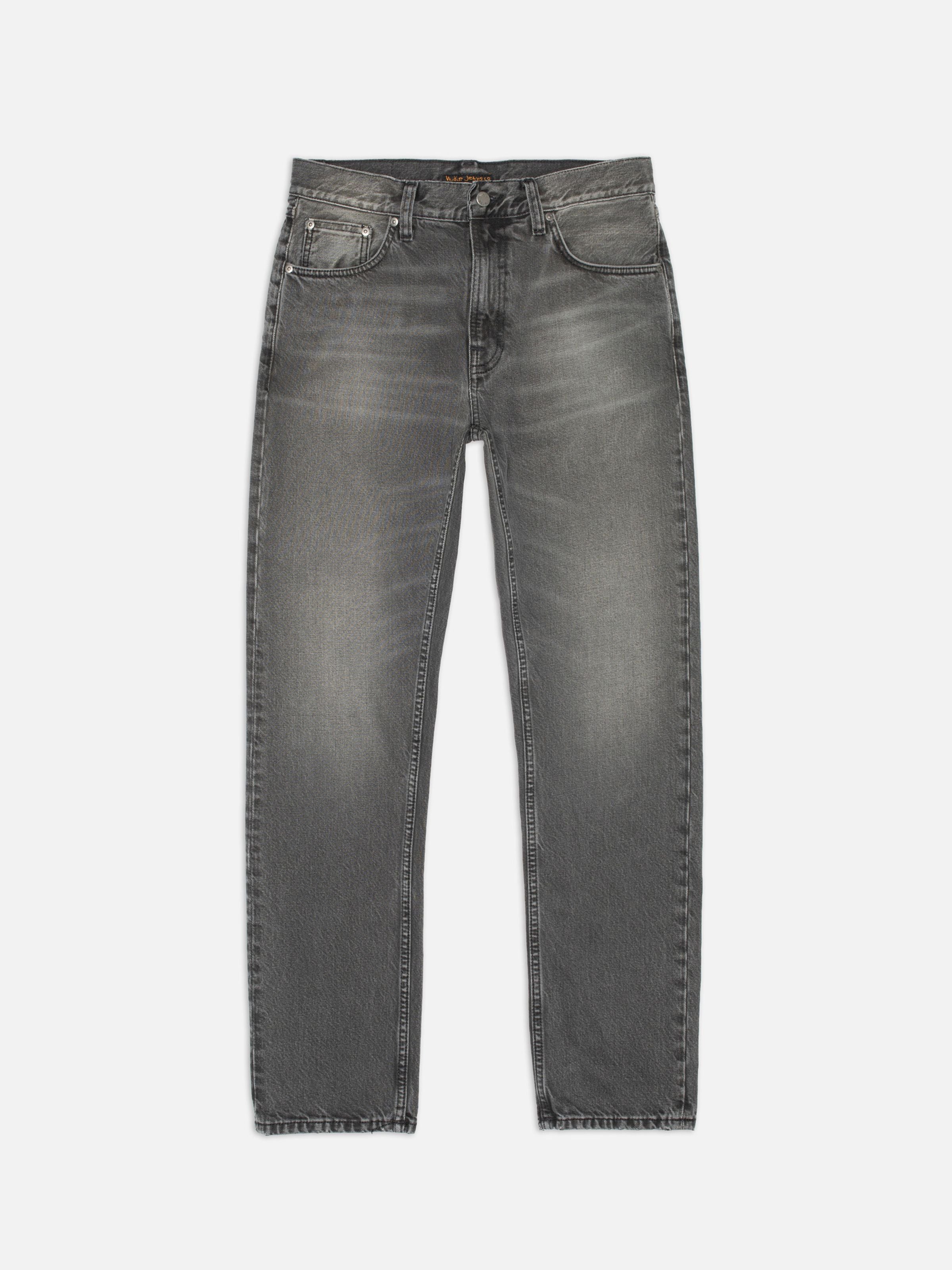 Nudie Jeans Gritty Jackson Grey Lake, regular fit straight leg jeans in mid-grey organic cotton rigid denim, flatshot.