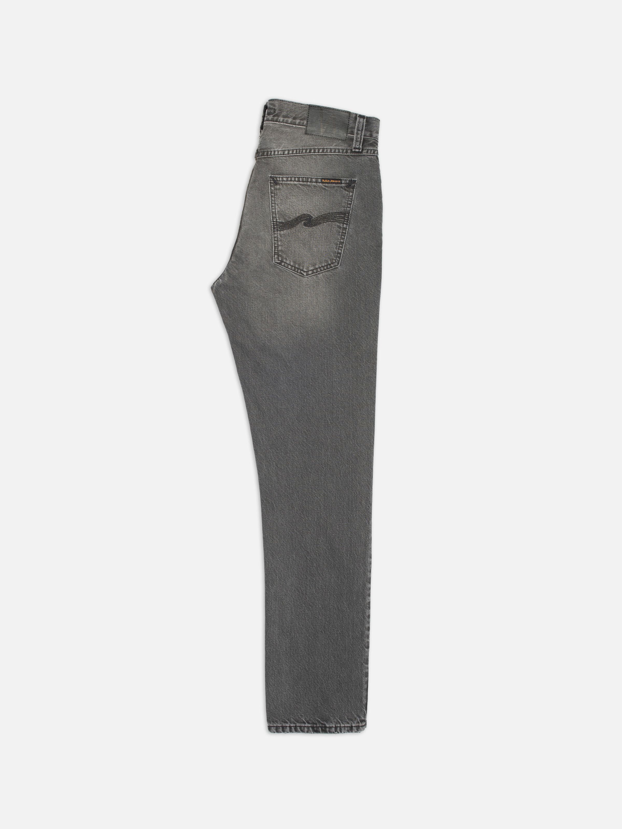 Nudie Jeans Gritty Jackson Grey Lake, regular fit straight leg jeans shown from the side against a white background.