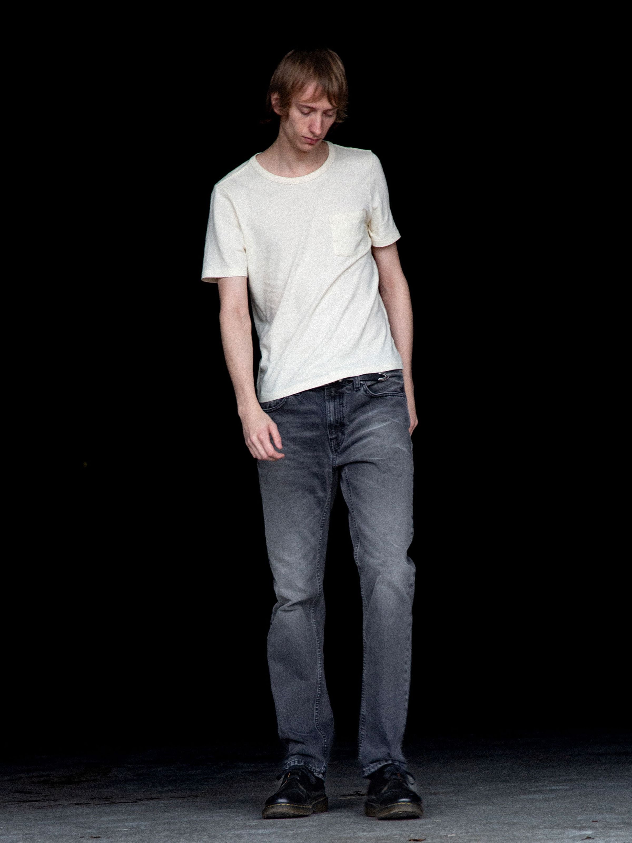 Nudie Jeans Gritty Jackson Grey Lake, regular fit straight leg organic cotton jeans shown full length on a model.