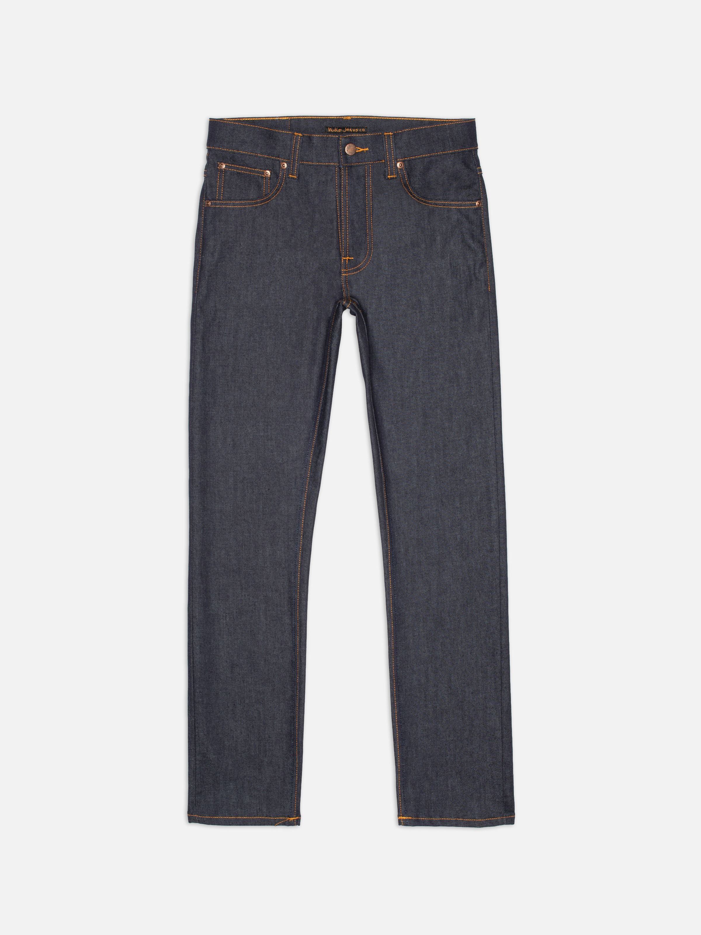 Nudie Jeans Grim Tim Dry Blue 16 Dips, slim straight leg organic cotton jeans with orange stitching, shown laid flat.