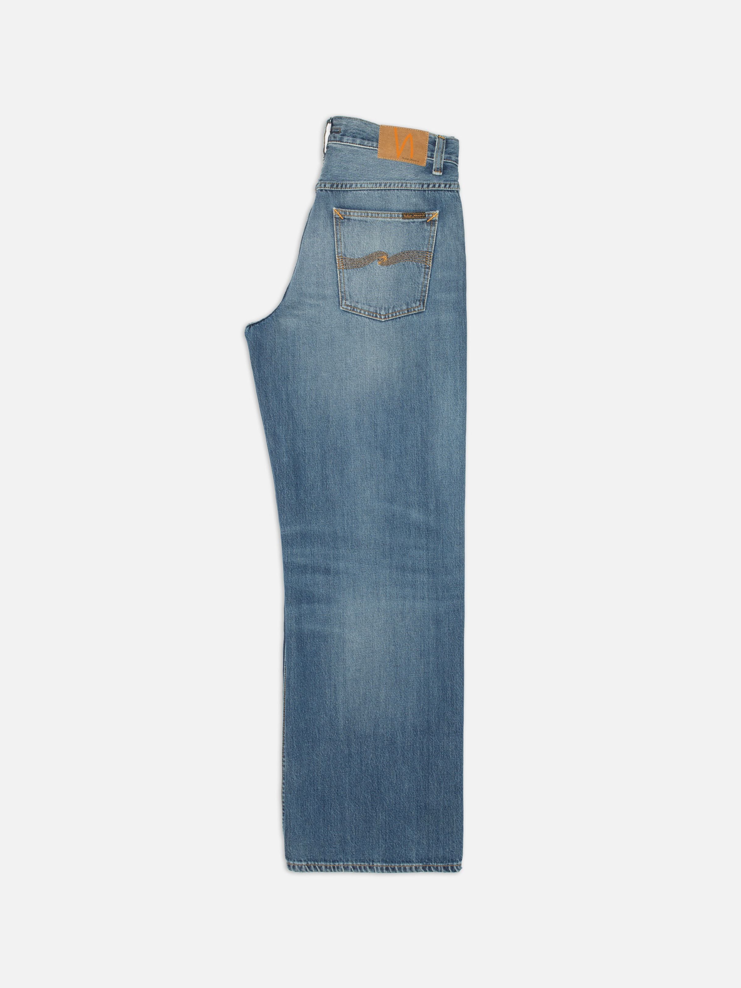 Nudie Jeans Loud Larry Gravel Stone, loose-fit wide-leg jeans in organic cotton denim, side view of the back pocket.