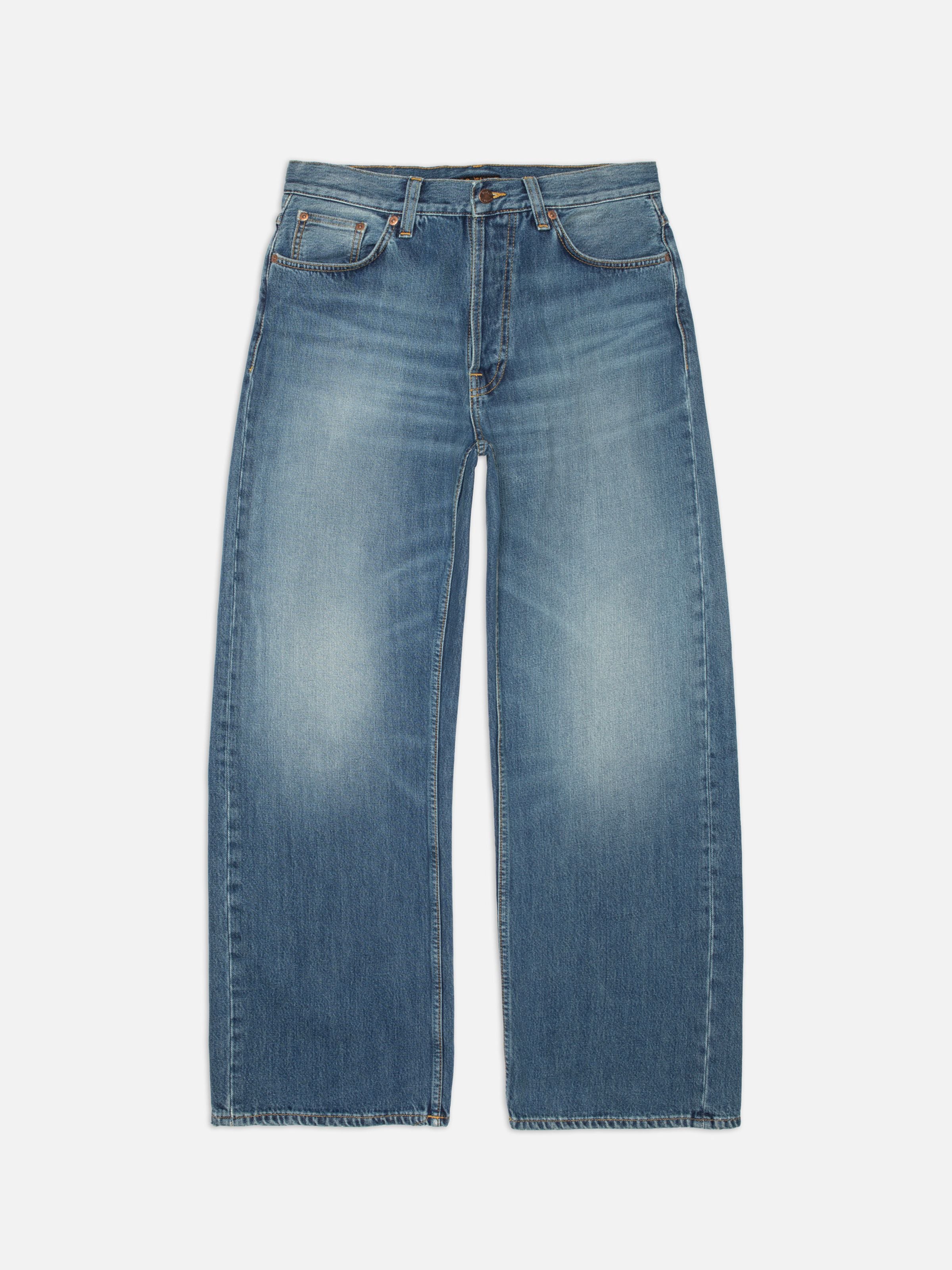 Nudie Jeans Loud Larry Gravel Stone, wide-leg loose-fit rigid jeans in mid-blue organic cotton denim, front flat shot.