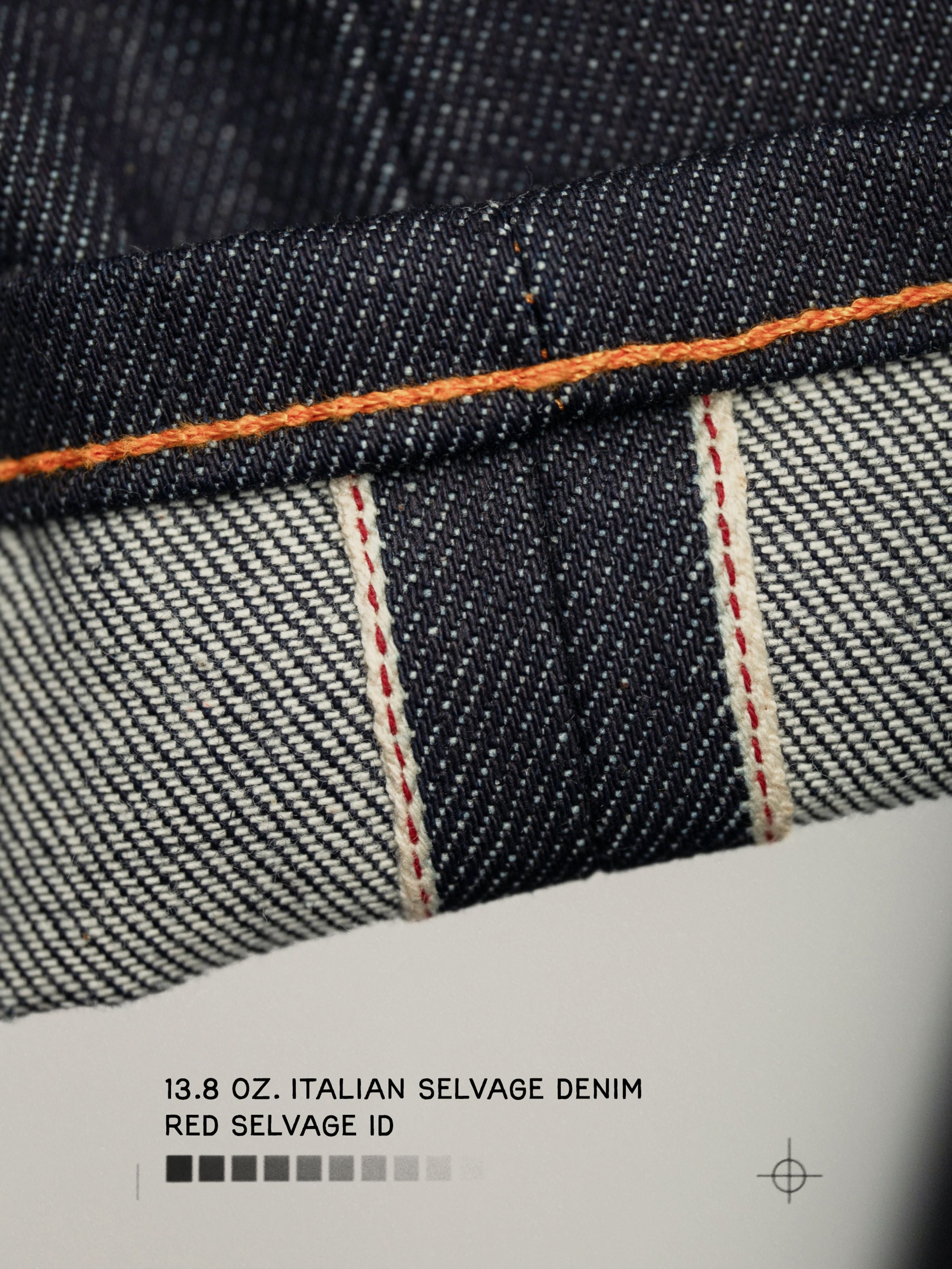 Nudie Jeans Lean Dean Dry Ohm Selvage, a close-up of the redline selvedge detail on 13.8 oz organic cotton denim.