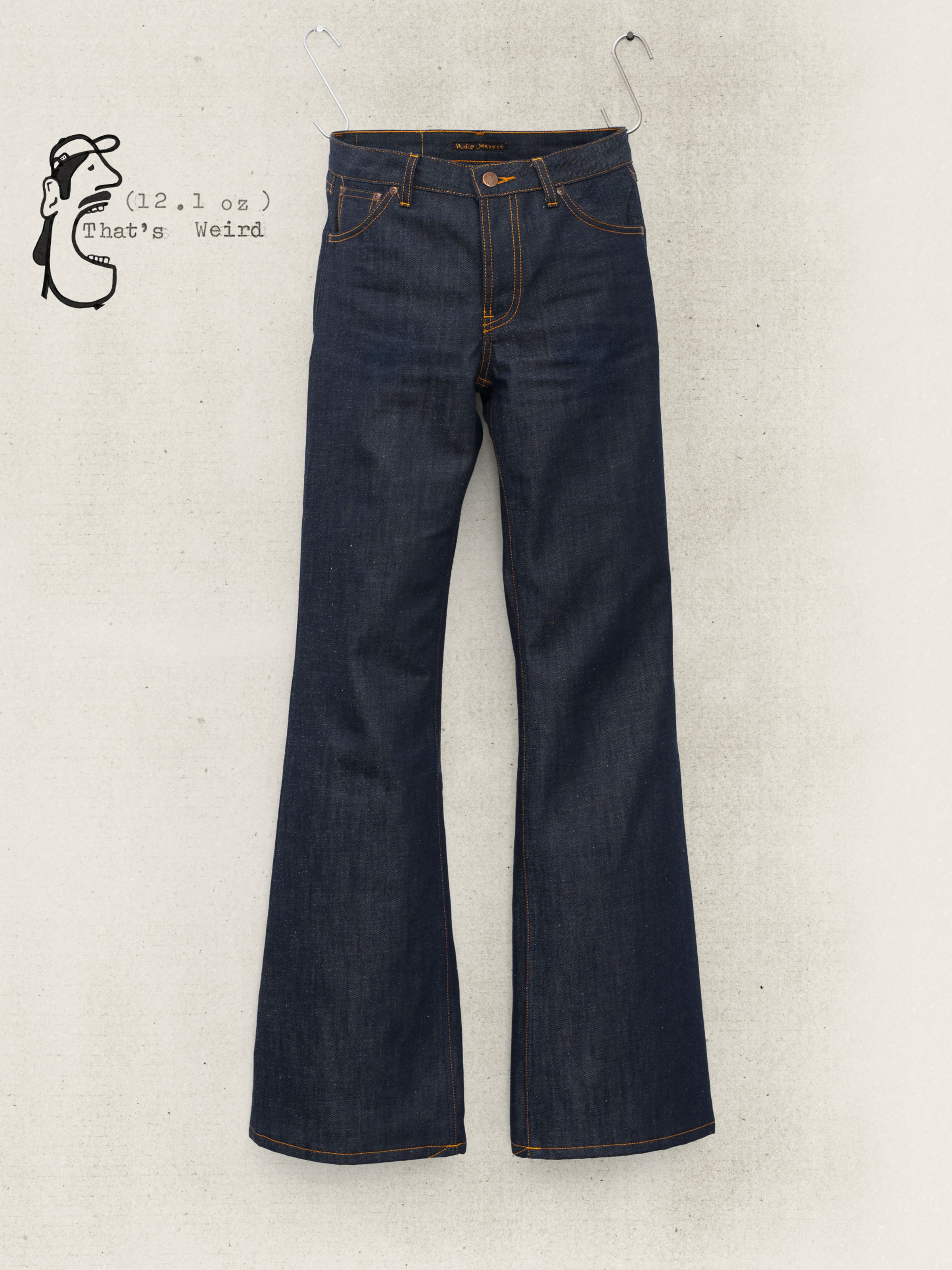 Nudie Jeans Dusty Dee Dry Weird, women's regular-fit flared jeans in dark indigo rigid denim, full front flatshot.