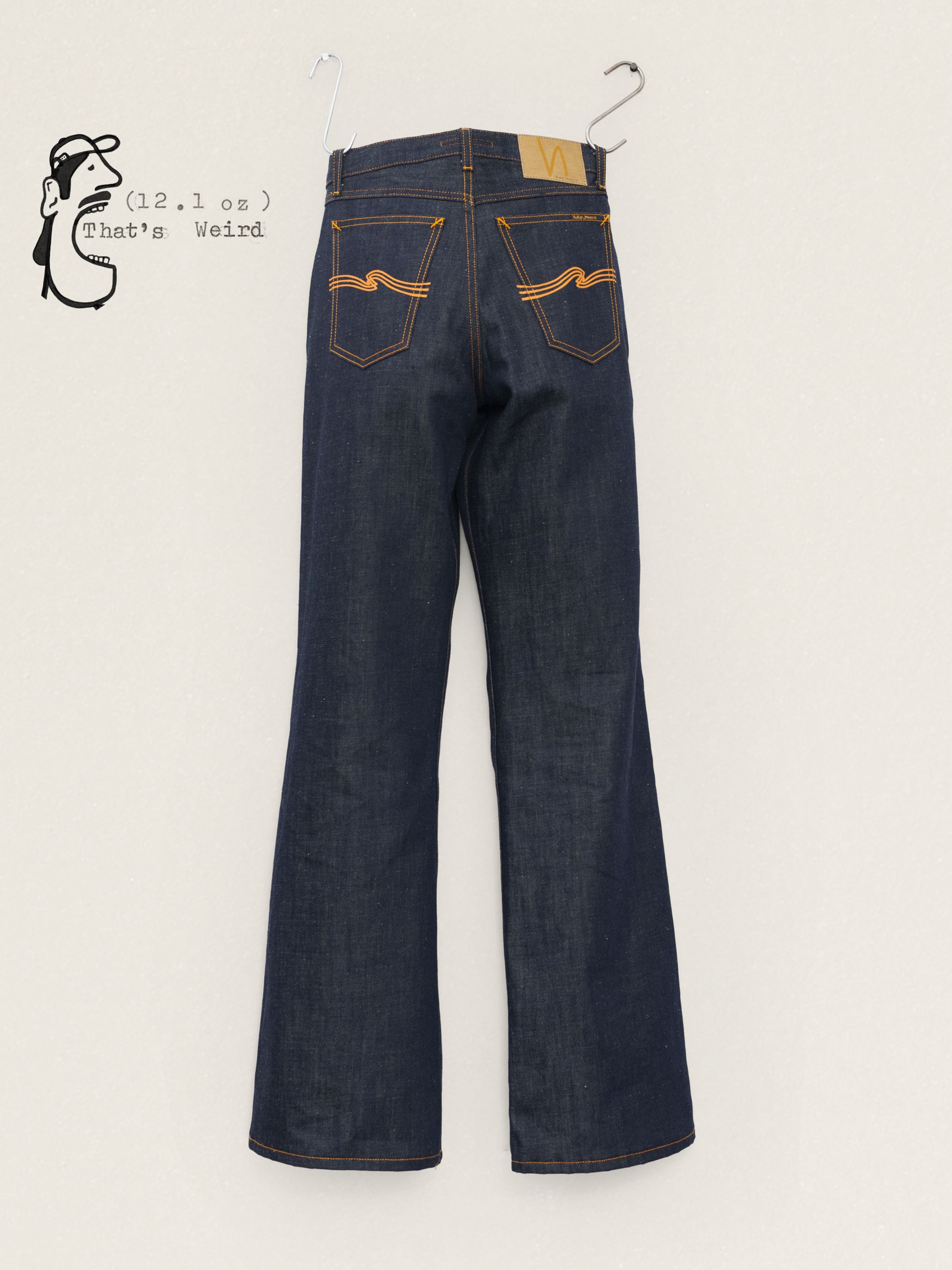 Nudie Jeans Dusty Dee Dry Weird flared leg jeans in dark blue dry denim, shown from the back with orange pocket embroidery.