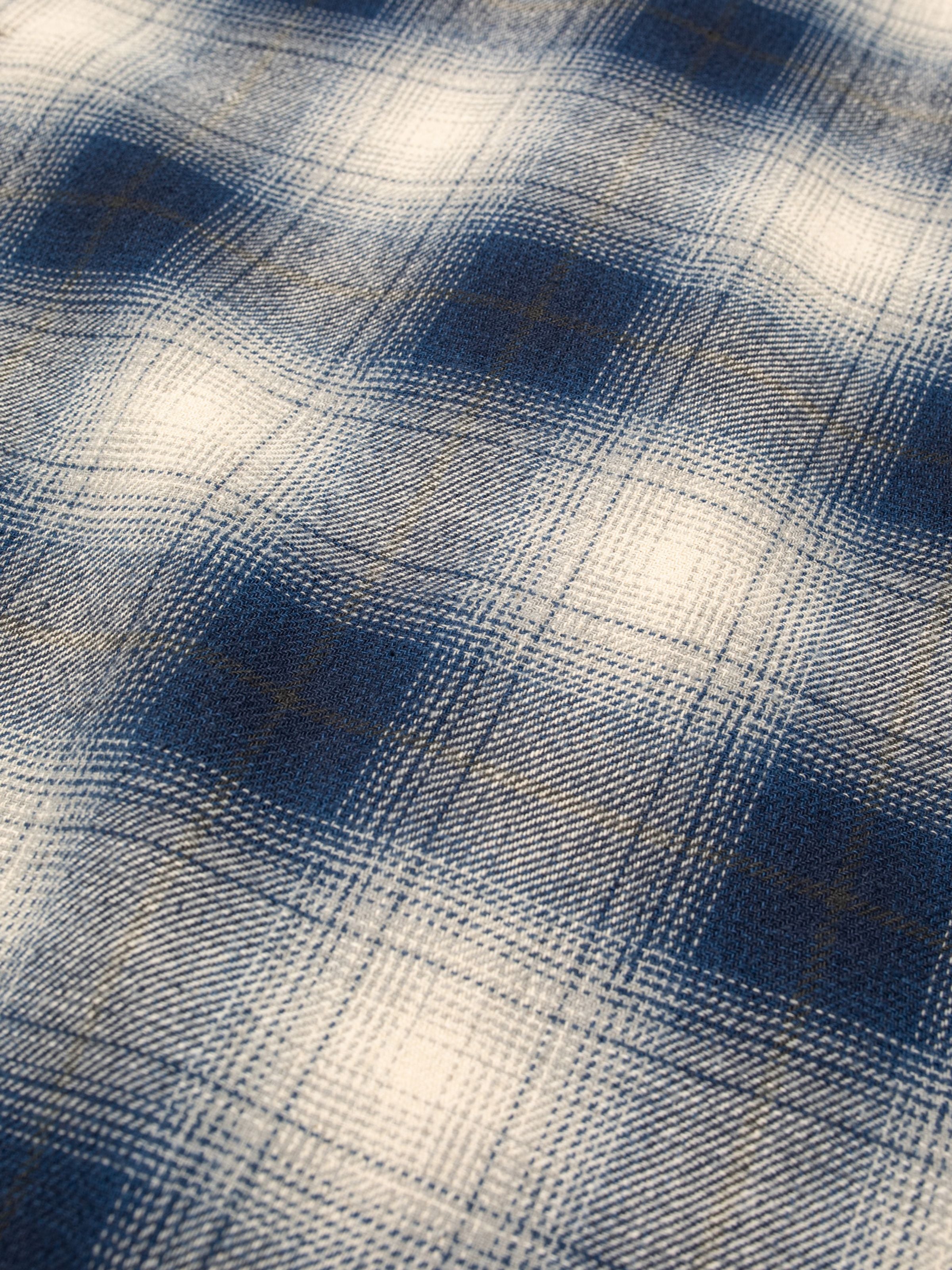 Nudie Jeans Julian Worker Shirt Checked Blue, close-up of the organic cotton fabric in a blue and white checked pattern.