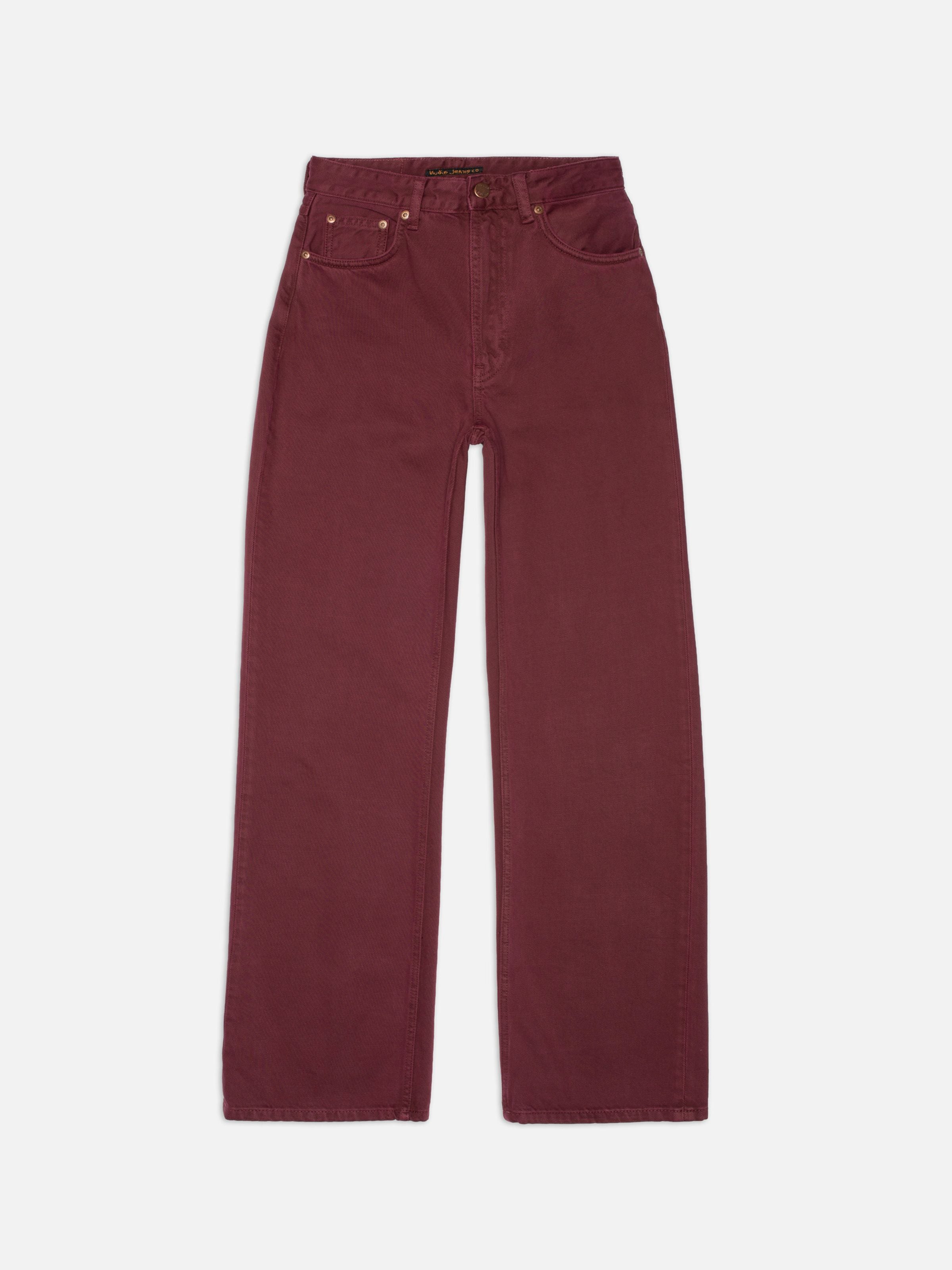 Nudie Jeans Clean Eileen Burgundy, women's high-waist wide-leg jeans in organic cotton denim, flat shot front view.