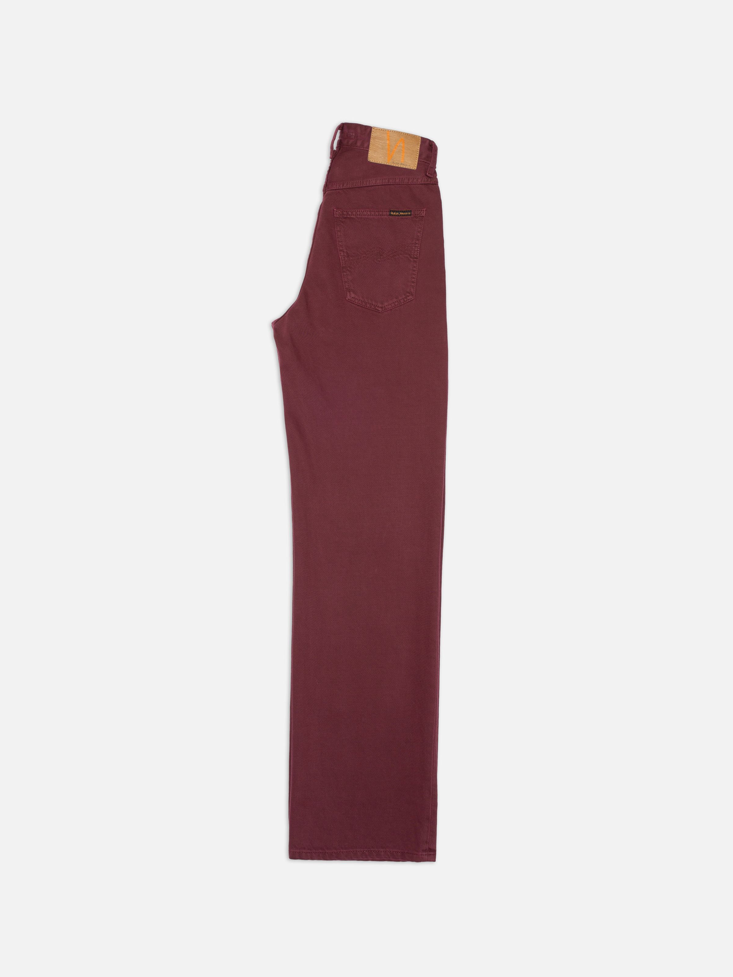 Nudie Jeans Clean Eileen Burgundy, wide leg organic cotton jeans shown from the side profile against a white background.
