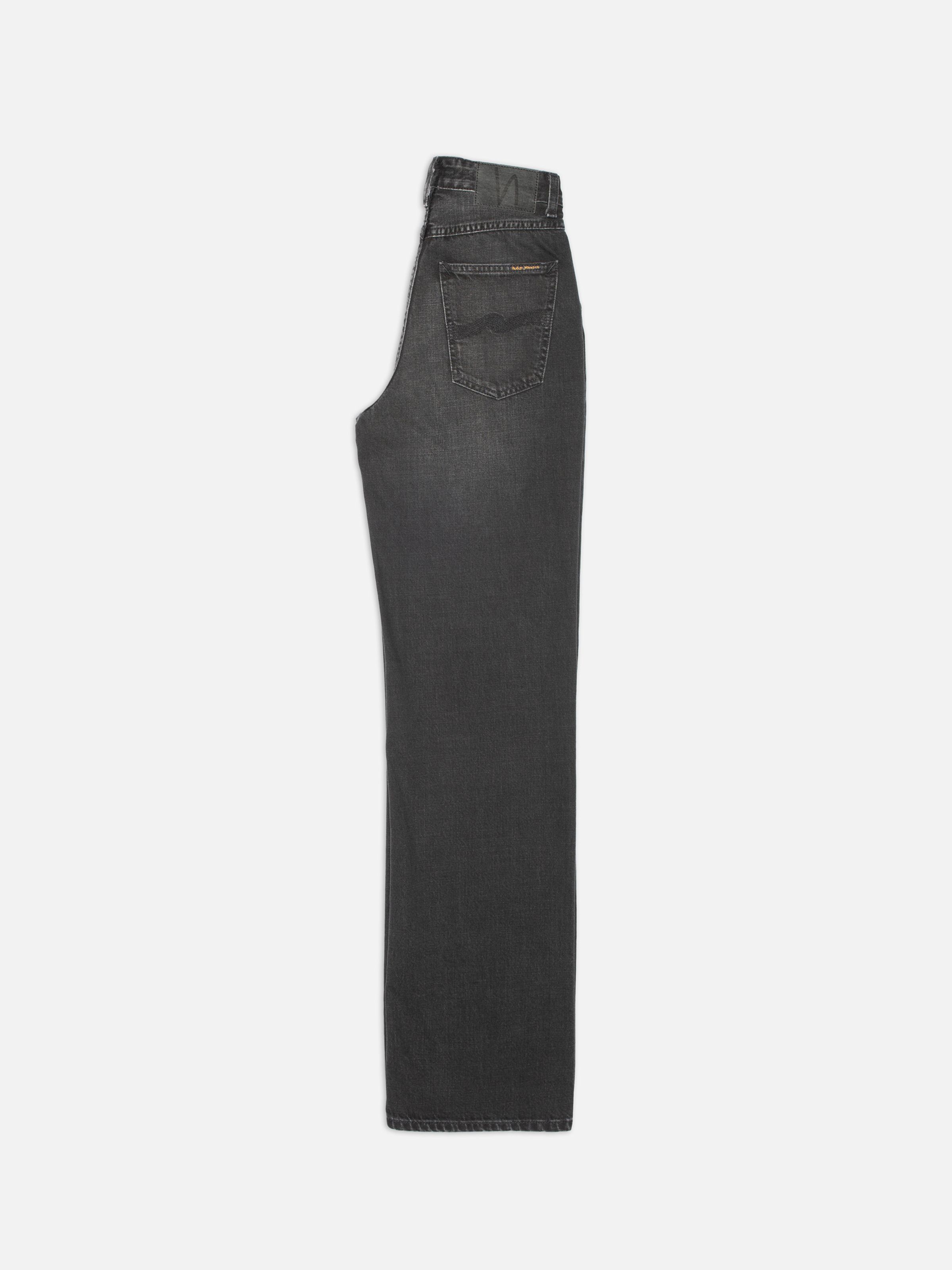 Nudie Jeans Clean Eileen Night Dune, high-waist wide-leg organic cotton jeans in a black wash, side profile view.