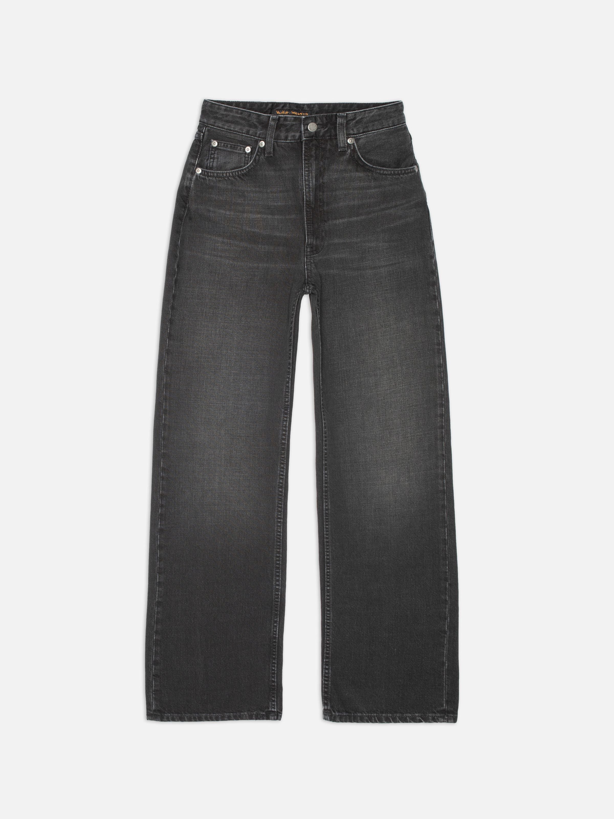 Nudie Jeans Clean Eileen Night Dune, high-waist wide-leg organic cotton jeans in a faded black wash, front flat shot.