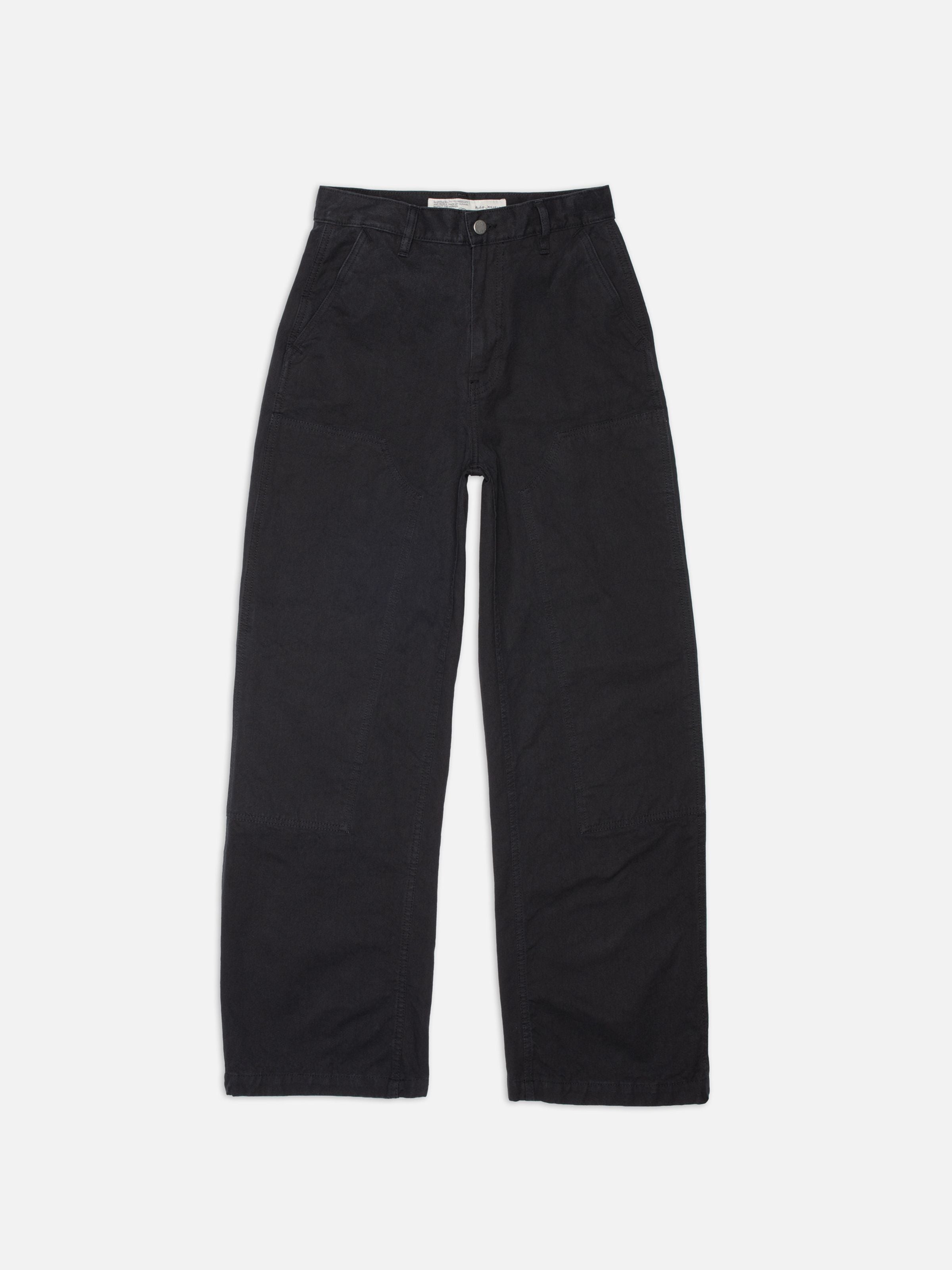 Nudie Jeans Wendy Pants in Duck Canvas Black, Bio-Baumwollhose mit weitem Bein und verstärkten Knien, flach liegend.