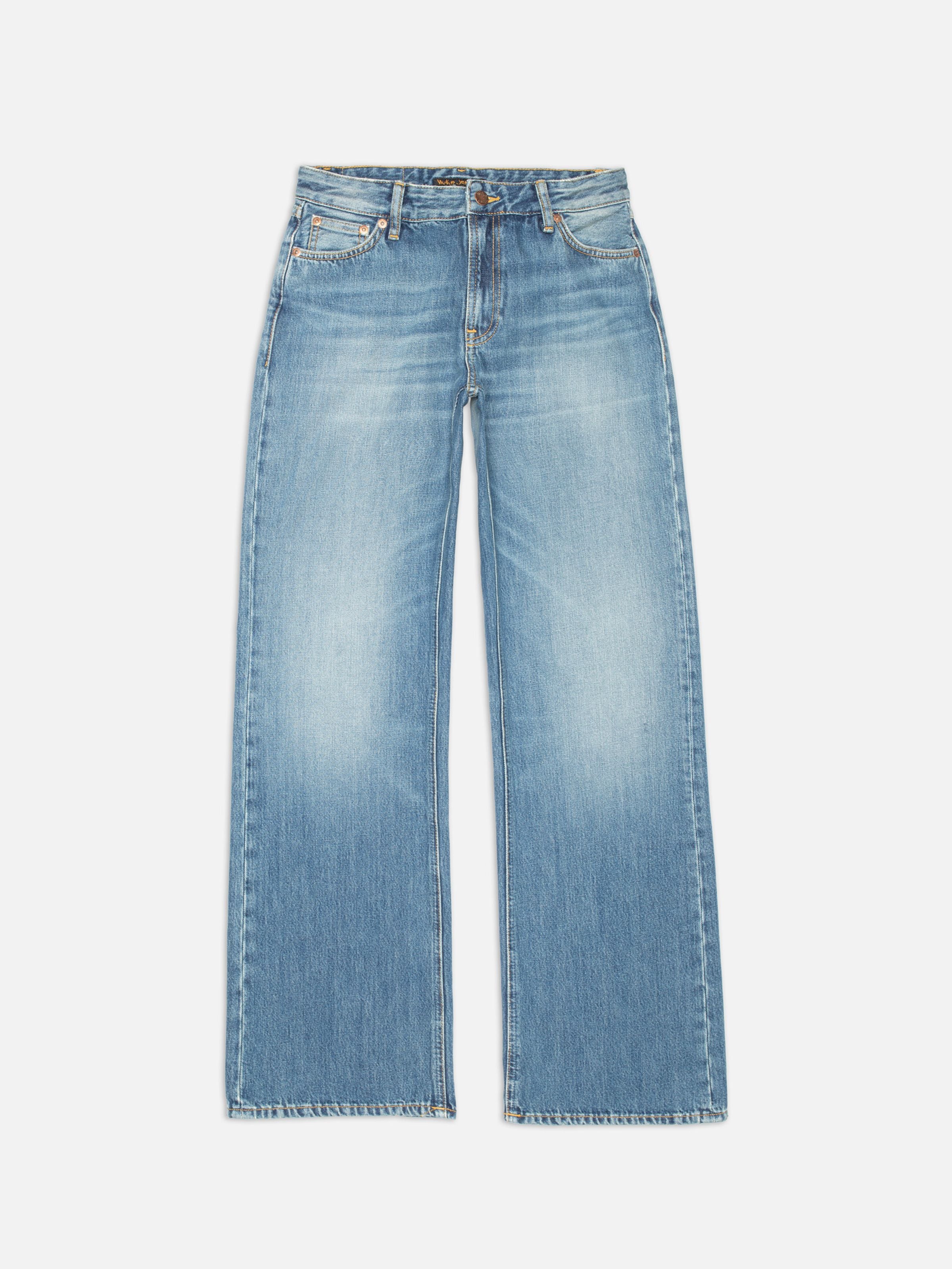 Nudie Jeans Wide Heidi Gravel Stone, wide-leg jeans in mid-blue organic cotton rigid denim, front flat shot.