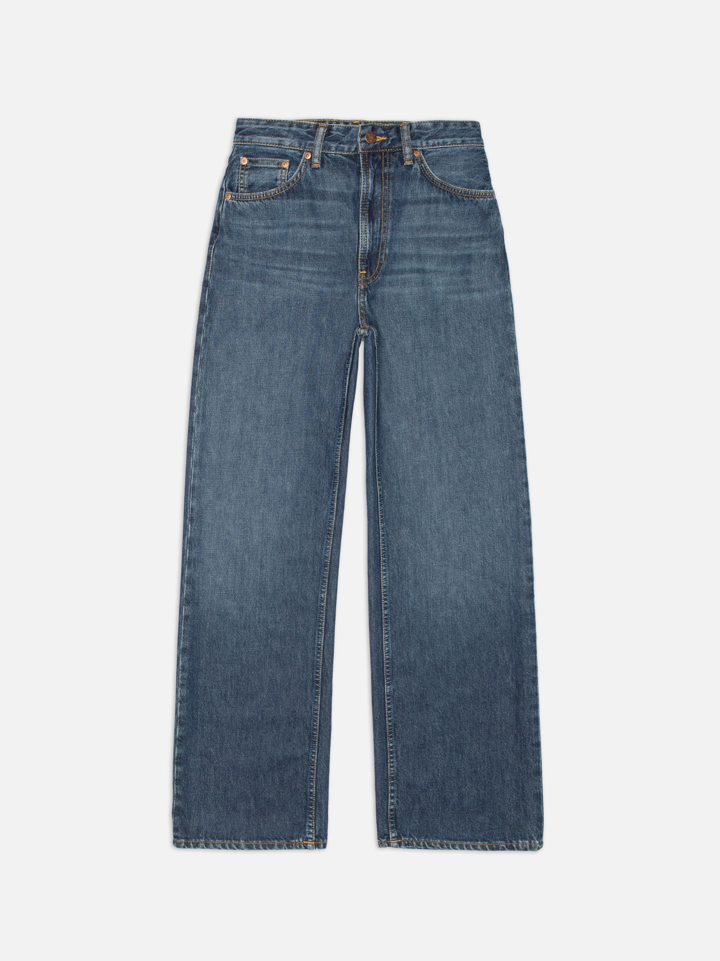 Nudie Jeans Clean Eileen Midnight Rain, organic cotton wide-leg jeans in a dark blue wash, shown in a flat front shot.