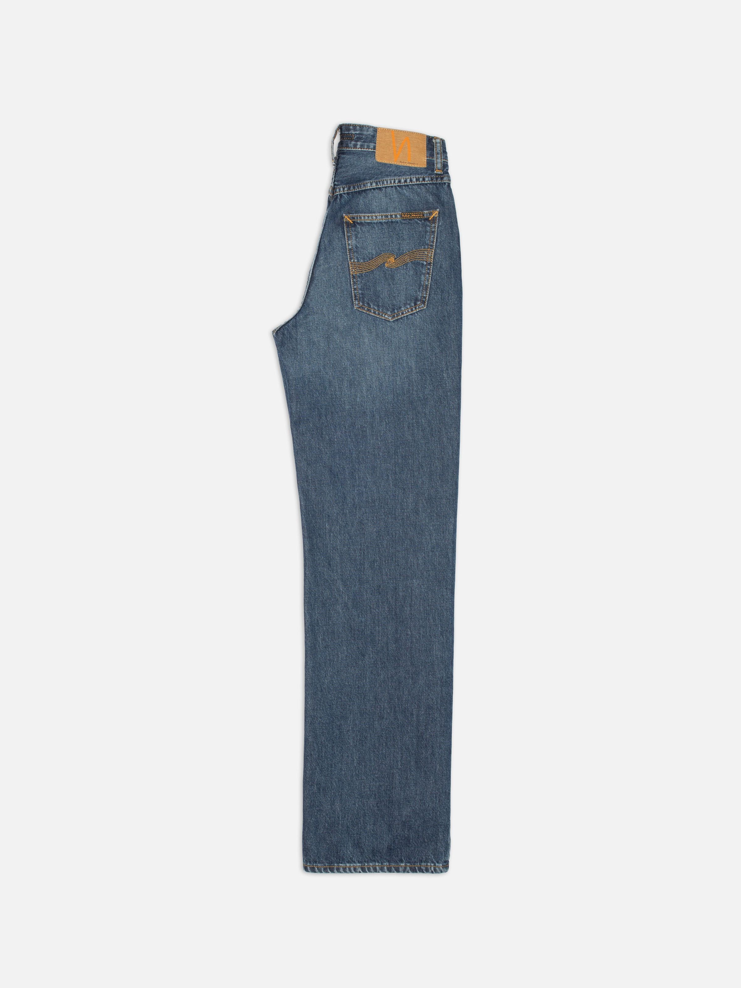 Nudie Jeans Clean Eileen Midnight Rain, high-waist wide-leg jeans in rigid organic cotton denim, side profile.