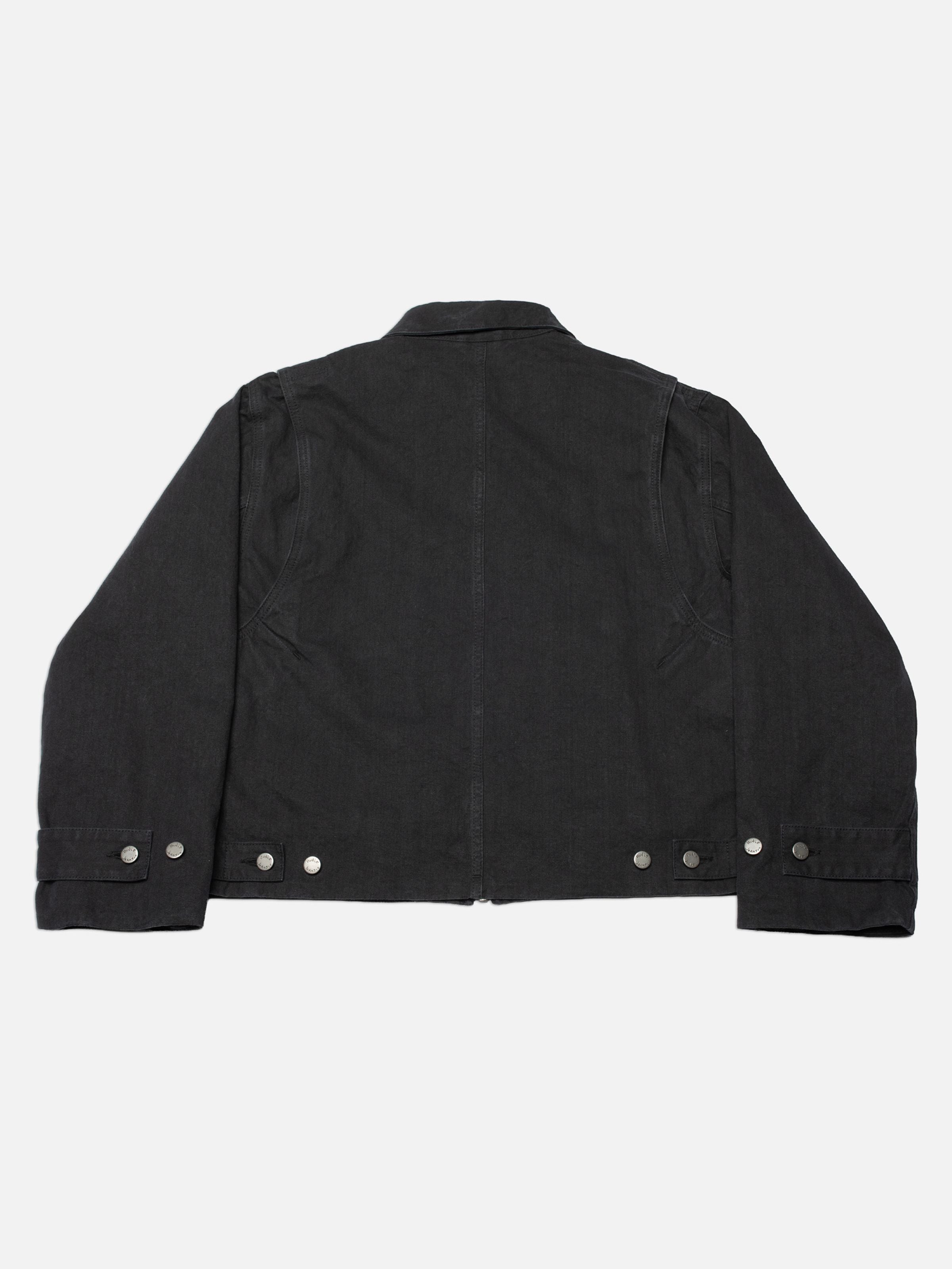 Nudie Jeans Lana Jacket Duck Canvas Black, back view of the boxy organic cotton jacket with adjustable waist tabs.