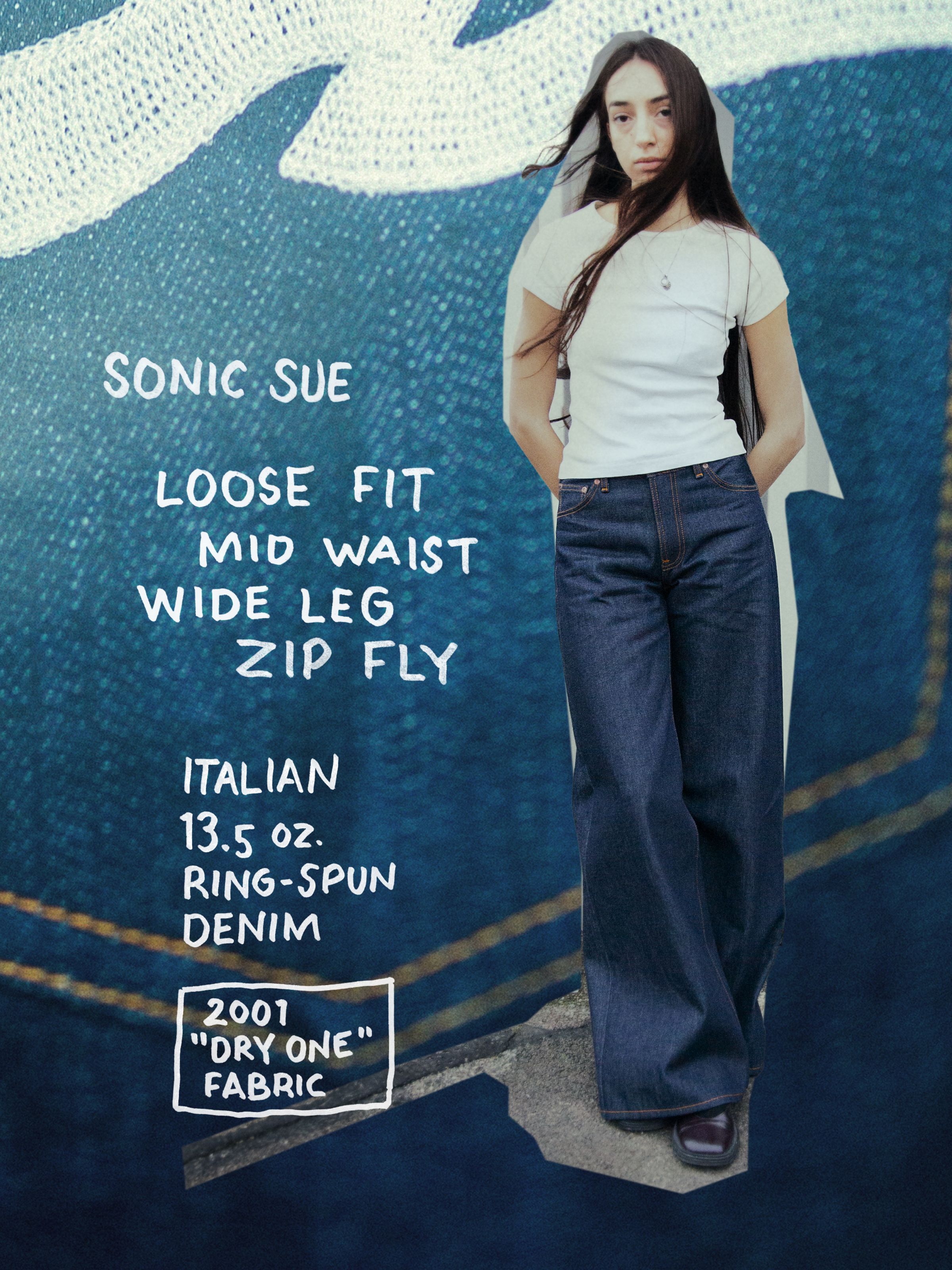 Nudie Jeans Sonic Sue Dry Ecru Waves, women's loose fit wide leg jeans in dark indigo rigid organic cotton denim.