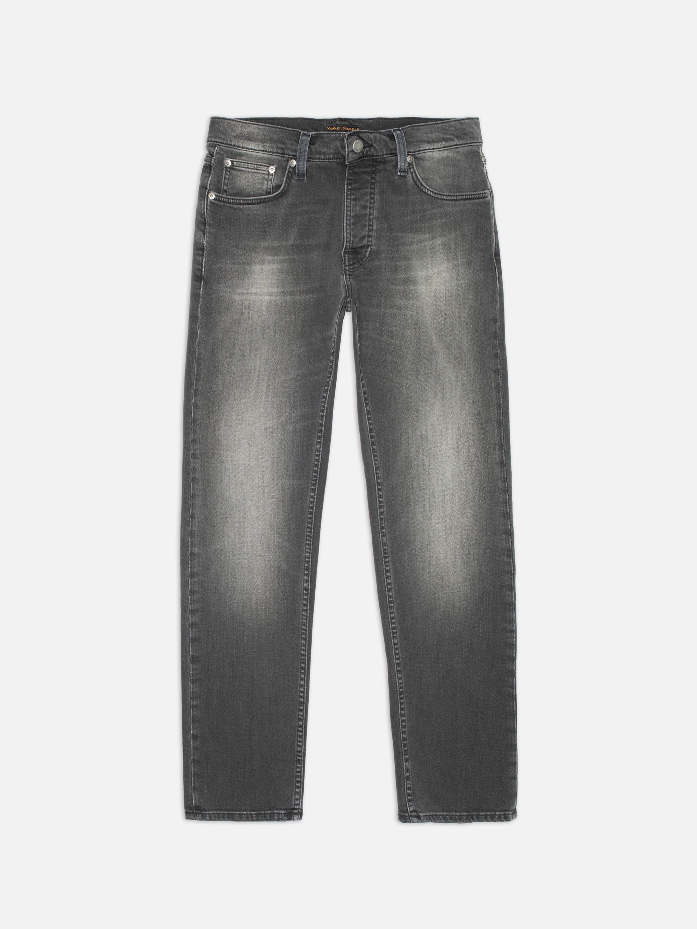 Nudie Jeans Solid Ollie Black Mist, slim-fit organic cotton jeans in a washed mid-grey shown in a front flatshot.