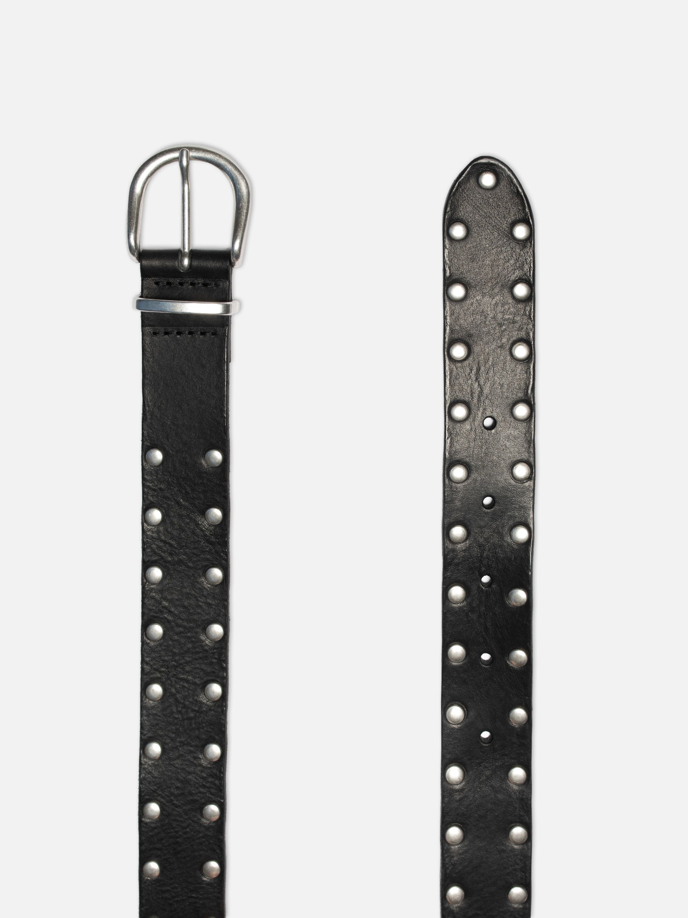 Nudie Jeans Silver Studded Leather Belt in Black, featuring silver-tone metal studs and buckle on a white background.