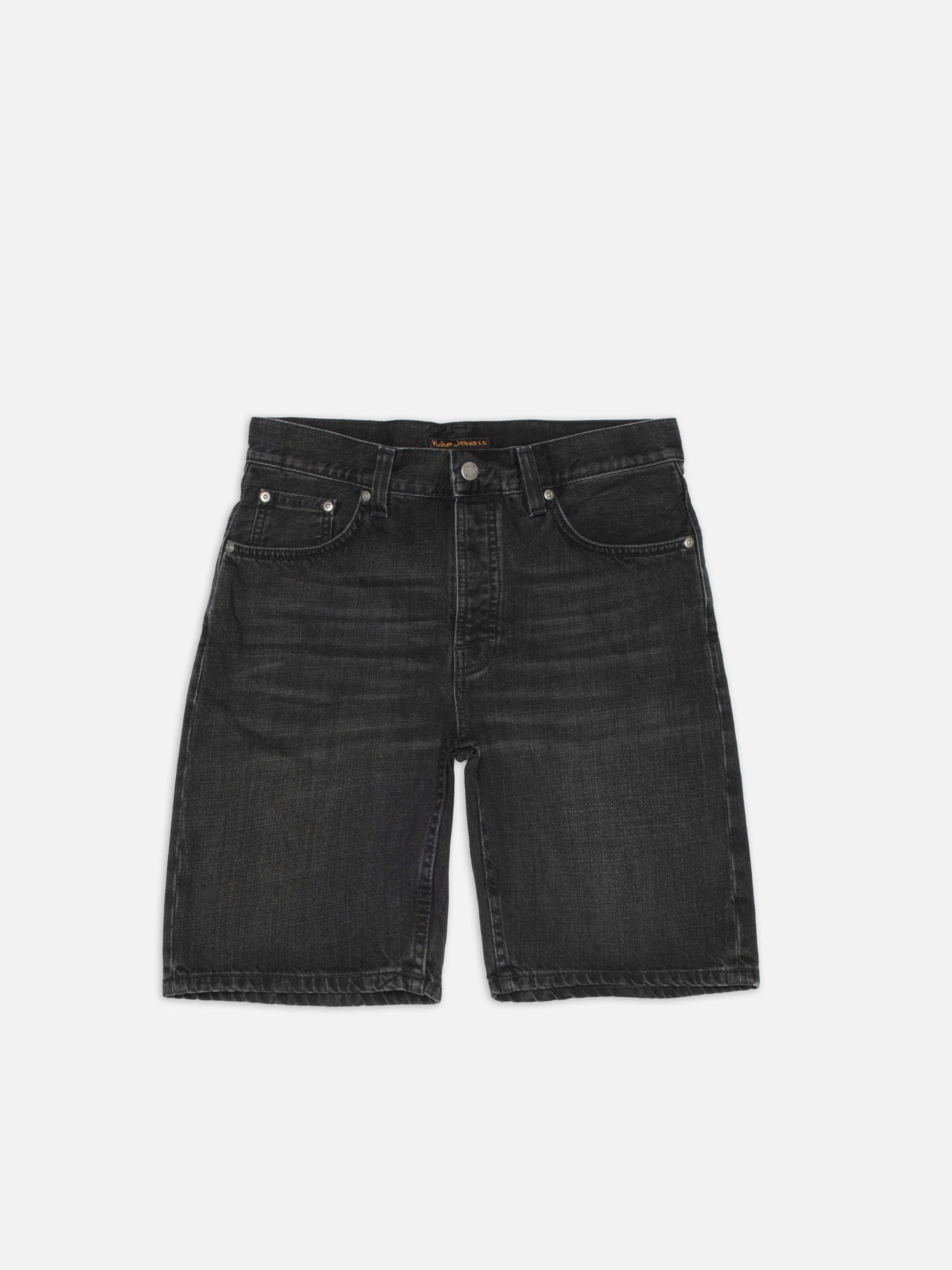 Nudie Jeans Zeb Denim Shorts Night Dune, black loose-fit denim shorts shown from the front in a flatshot.