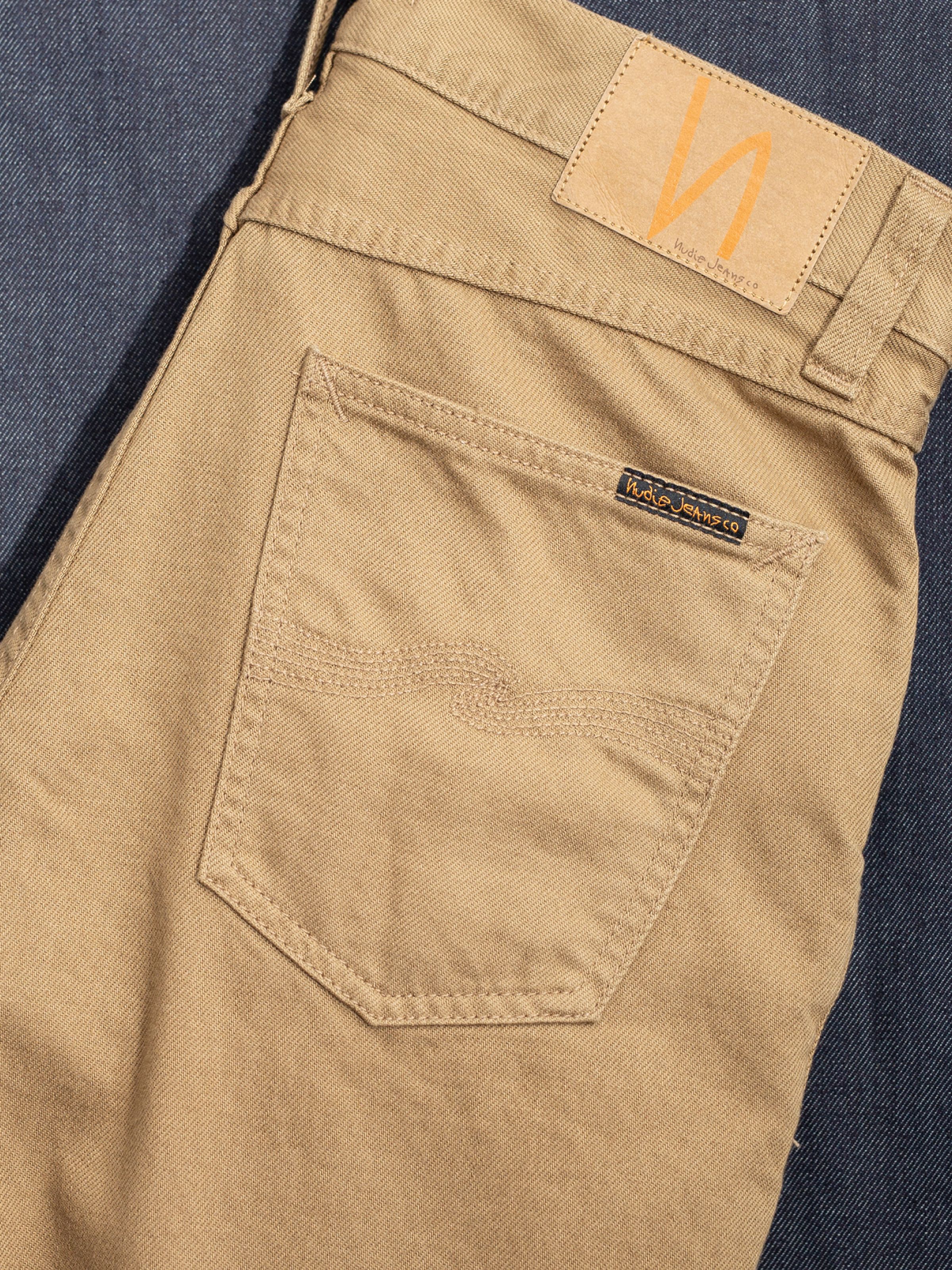 Nudie Jeans Flare Glenn Everlion, close-up of the back showing the pocket stitching and jacron patch.