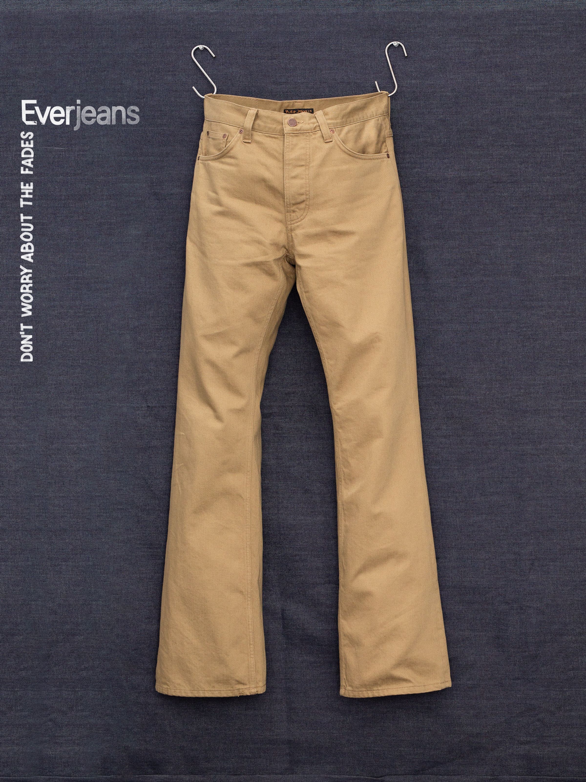 Nudie Jeans Flare Glenn Everlion, men's regular fit flared jeans in beige, shown in a front flat shot.