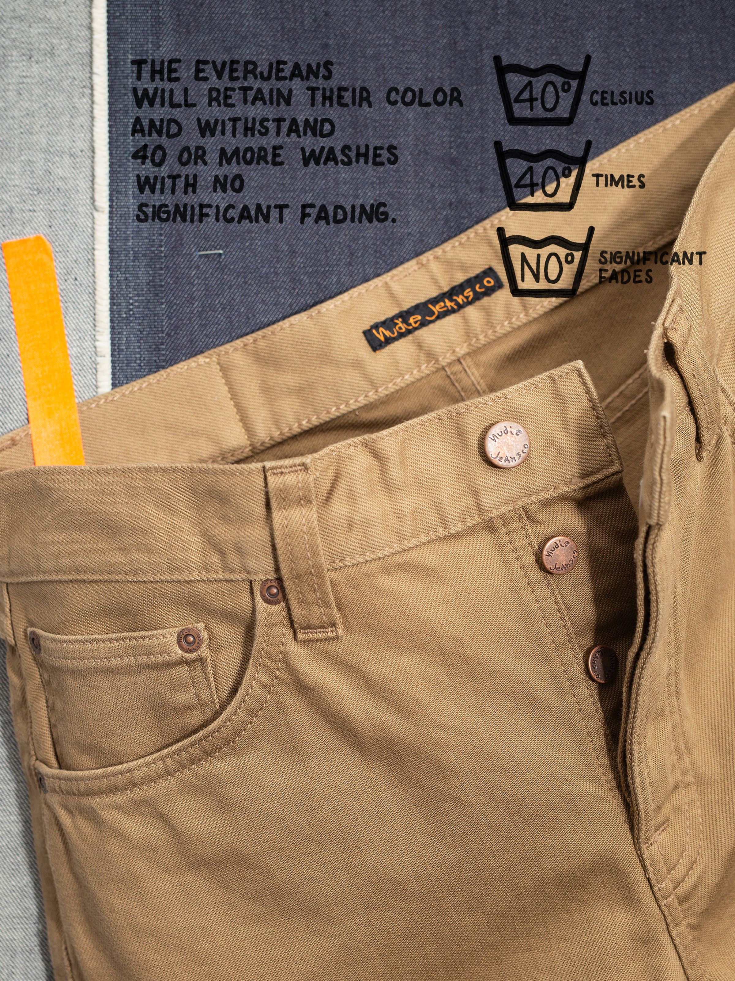 Nudie Jeans Flare Glenn Everlion, close-up of the waistband and button fly with a graphic detailing its colorfast properties.