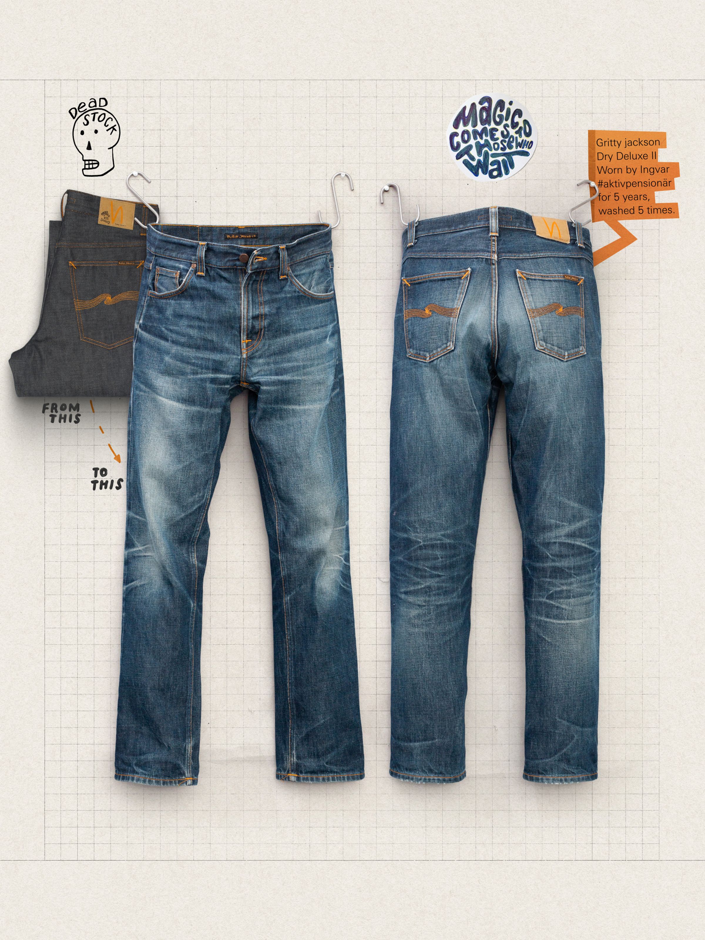 Nudie Jeans Loud Larry Deadstock 25, conceptual image showing the transformation of the loose-fit jeans from dry to worn-in.