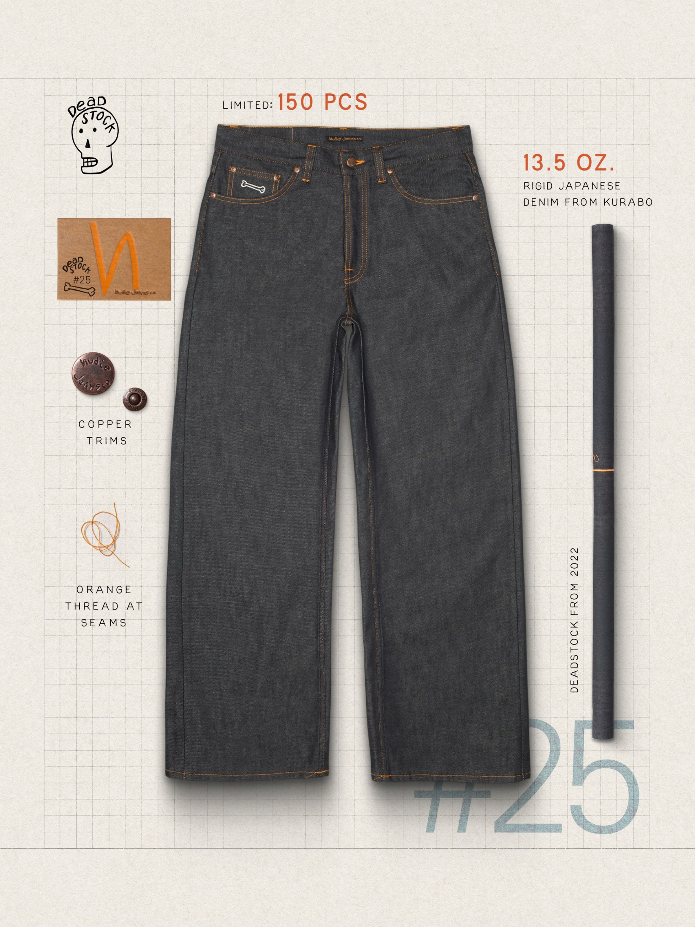 Nudie Jeans Loud Larry Deadstock 25, men's loose fit jeans, on a product card highlighting deadstock fabric and trims.