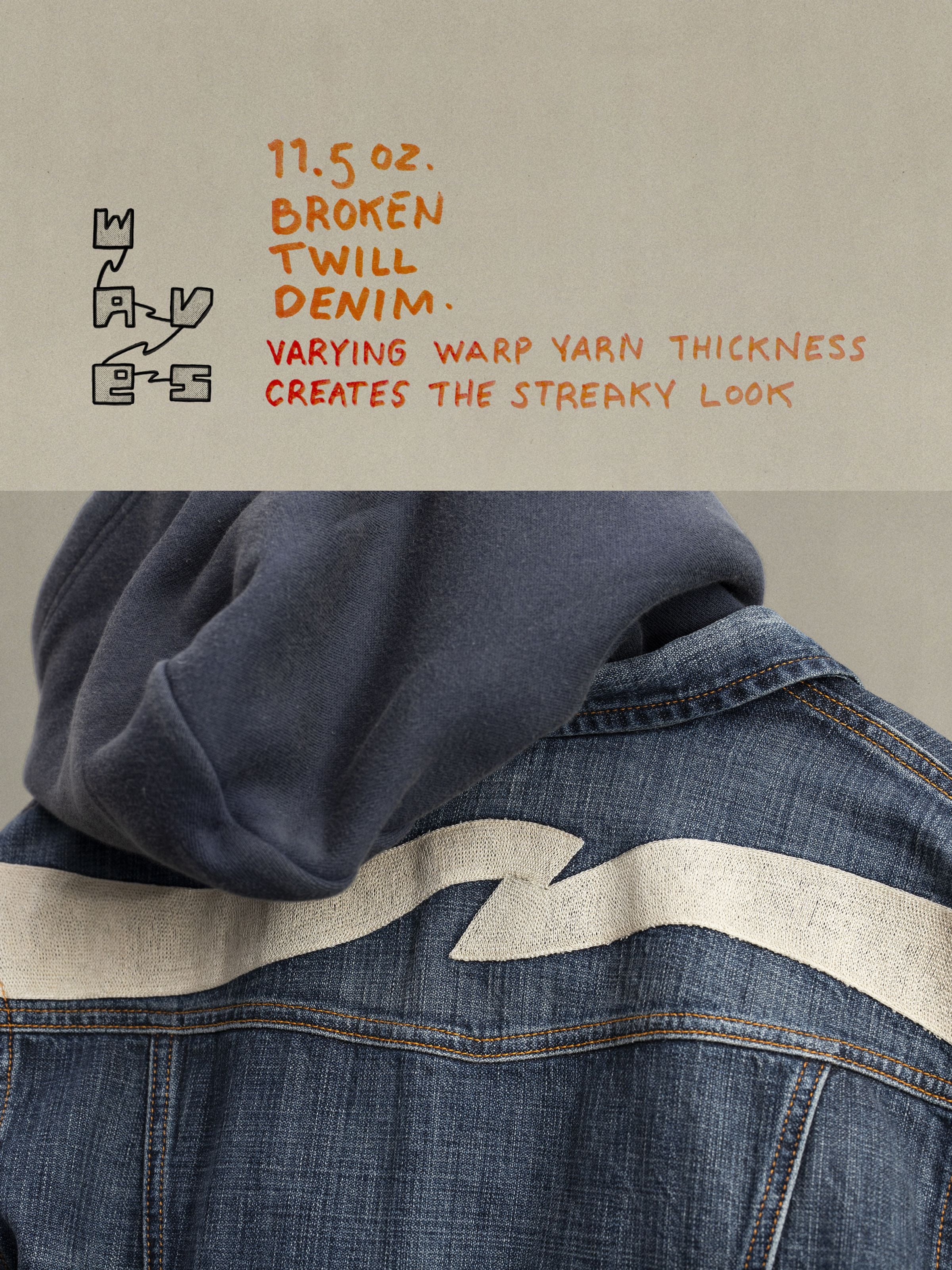 Nudie Jeans Conny Jeansjacke Big Wave mit Ecru-Rückenstickerei auf mittelblauem Broken Twill Denim aus Bio-Baumwolle.