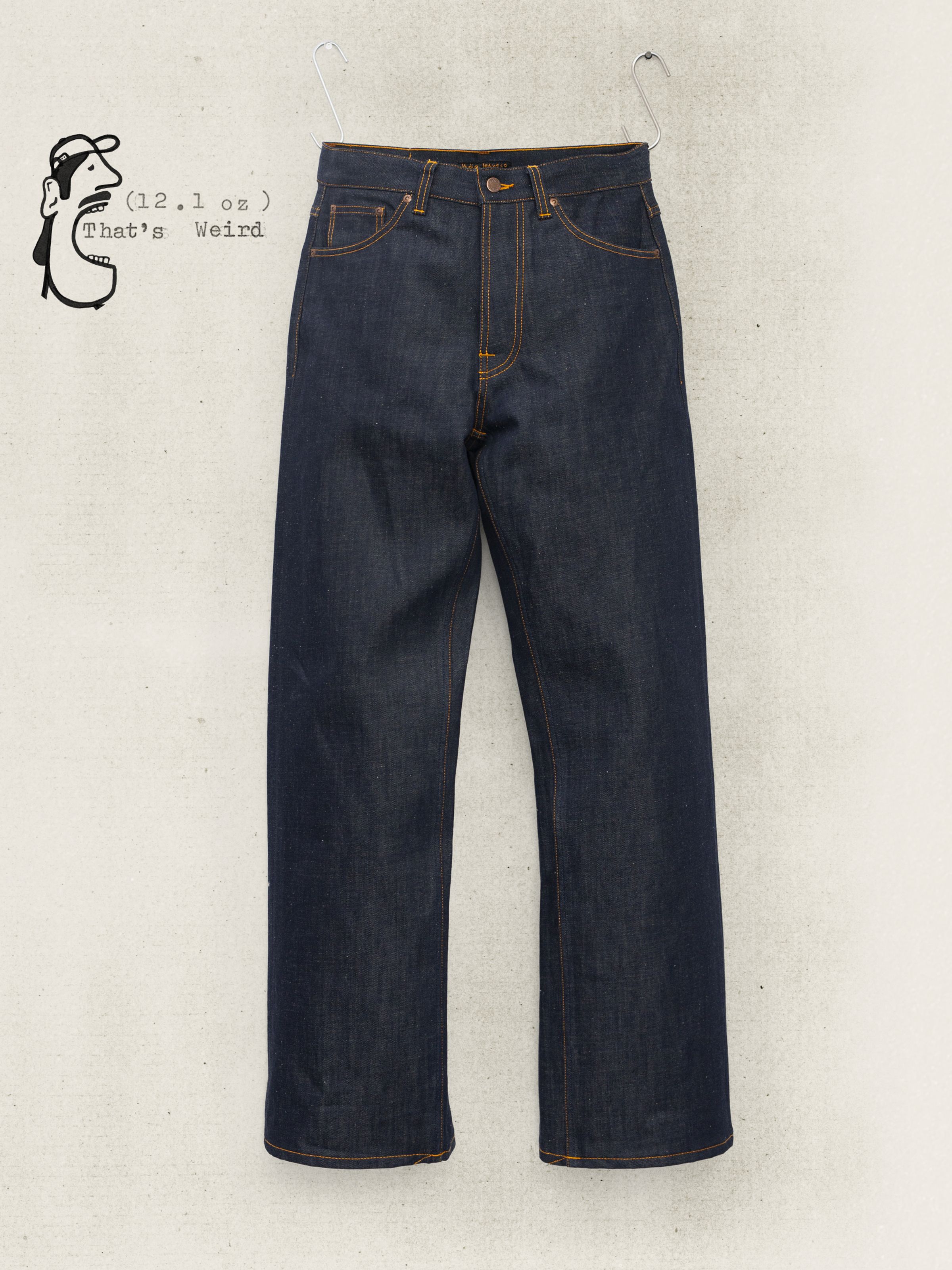 Nudie Jeans Loud Larry Dry Weird, loose fit wide leg jeans in dry indigo rigid denim, shown in a full front flat shot.