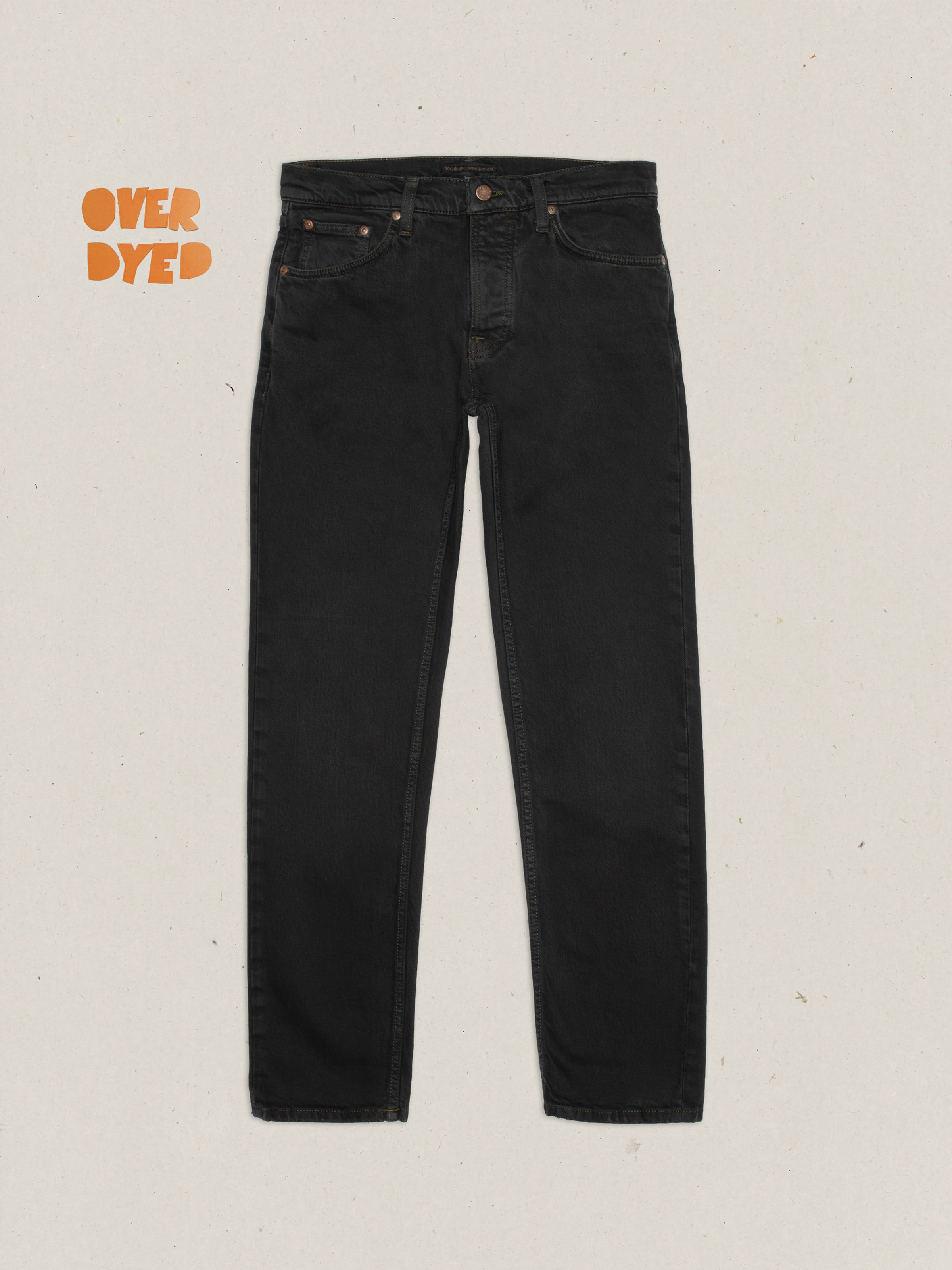 Nudie Jeans Solid Ollie Petrol Black, slim-fit overdyed jeans with a straight leg, shown in a front flat shot.