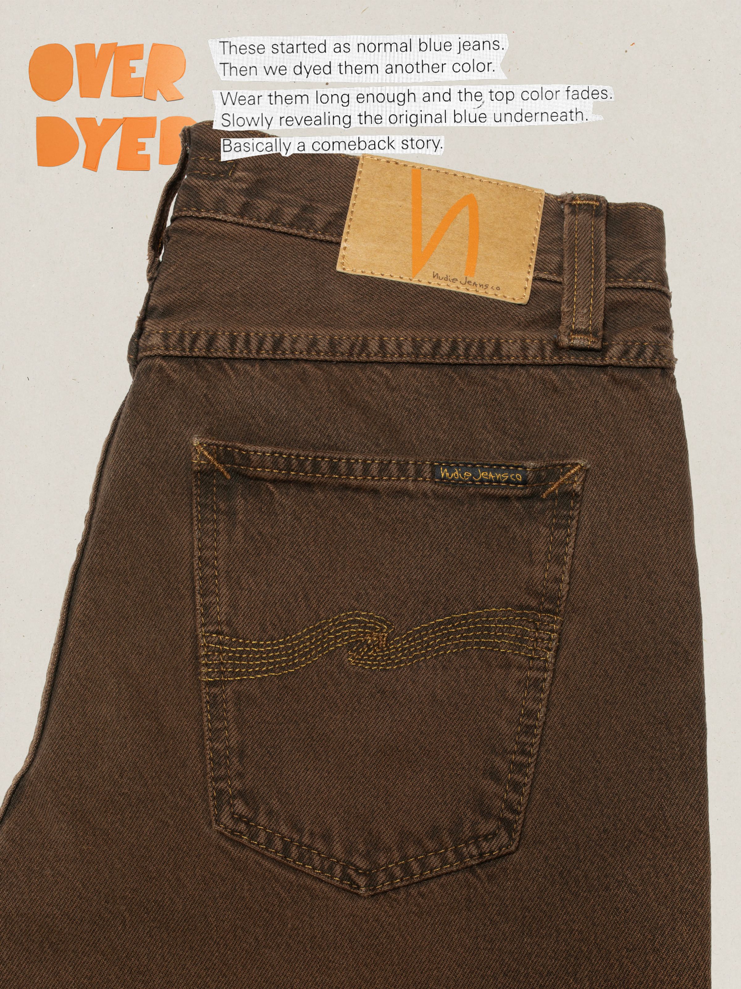 Nudie Jeans Steady Eddie II Espresso Lagha, close-up of the back pocket with signature stitching and Jacron patch.