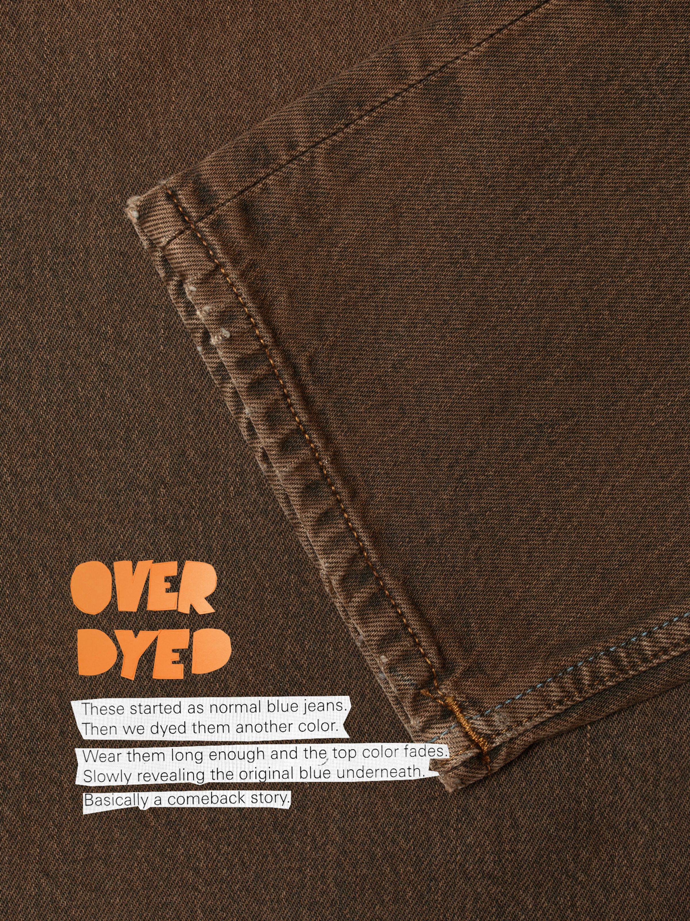 Nudie Jeans Solid Ollie Espresso Bouhlel, close-up of brown overdyed denim fabric with text overlays.