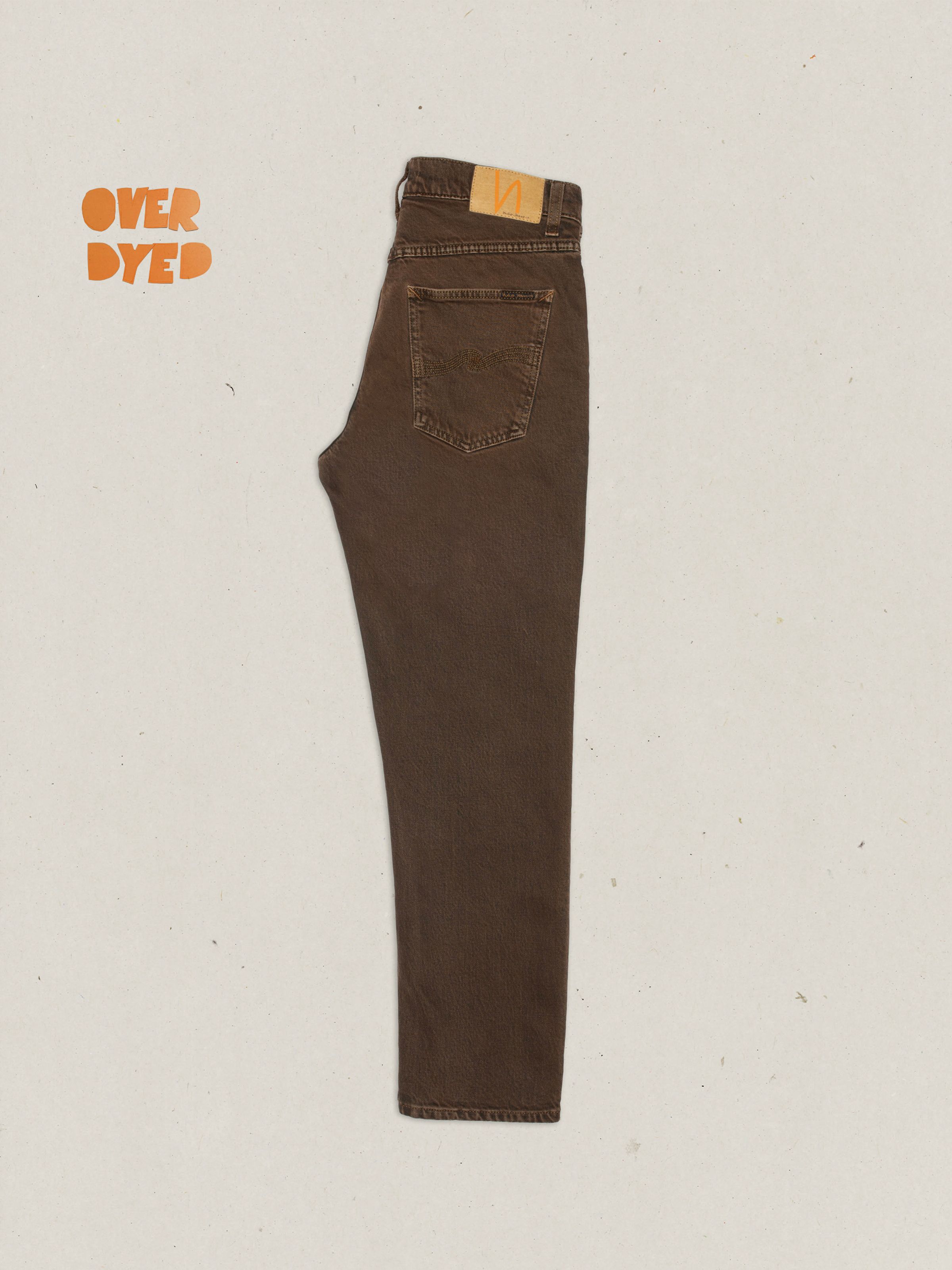 Nudie Jeans Solid Ollie Espresso Bouhlel, slim-fit straight-leg jeans in overdyed brown denim, side view.