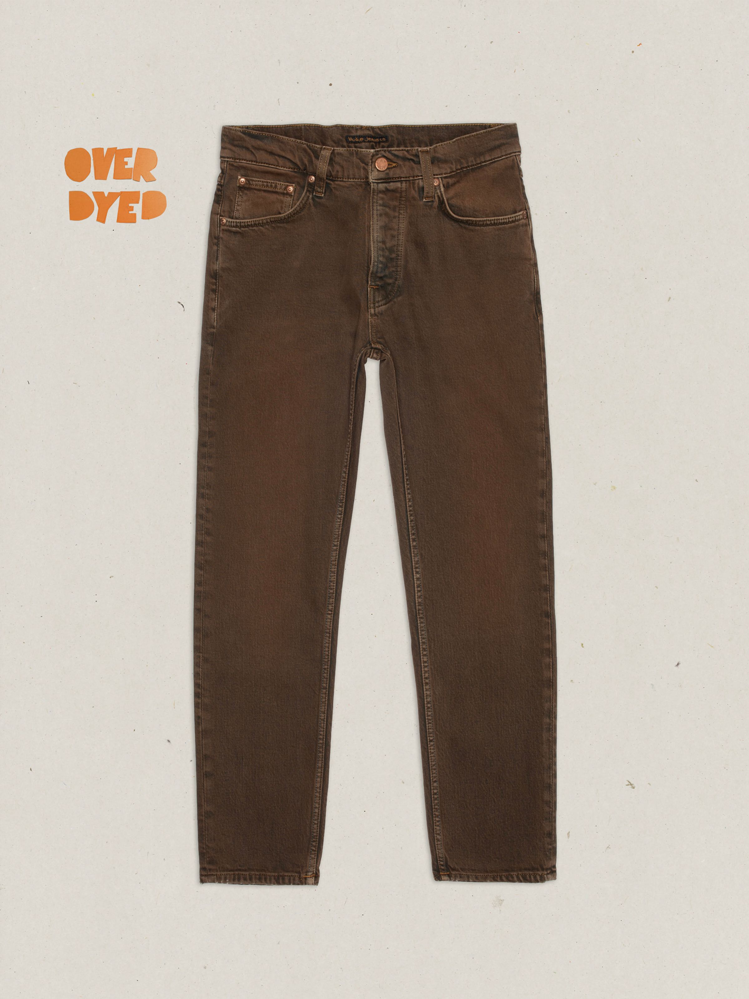 Nudie Jeans Solid Ollie Espresso Bouhlel, overdyed slim-fit jeans in a front flat shot view.