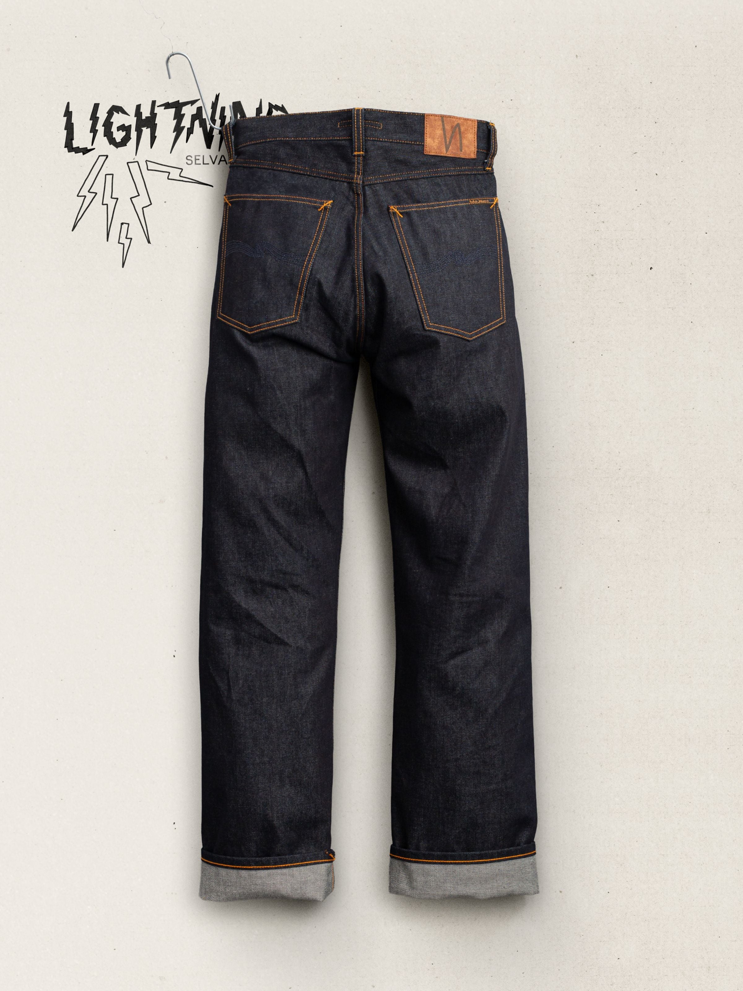 Nudie Jeans Tuff Tony Lightning Selvage, men's loose fit selvedge jeans from back, showing back pockets and jacron patch.