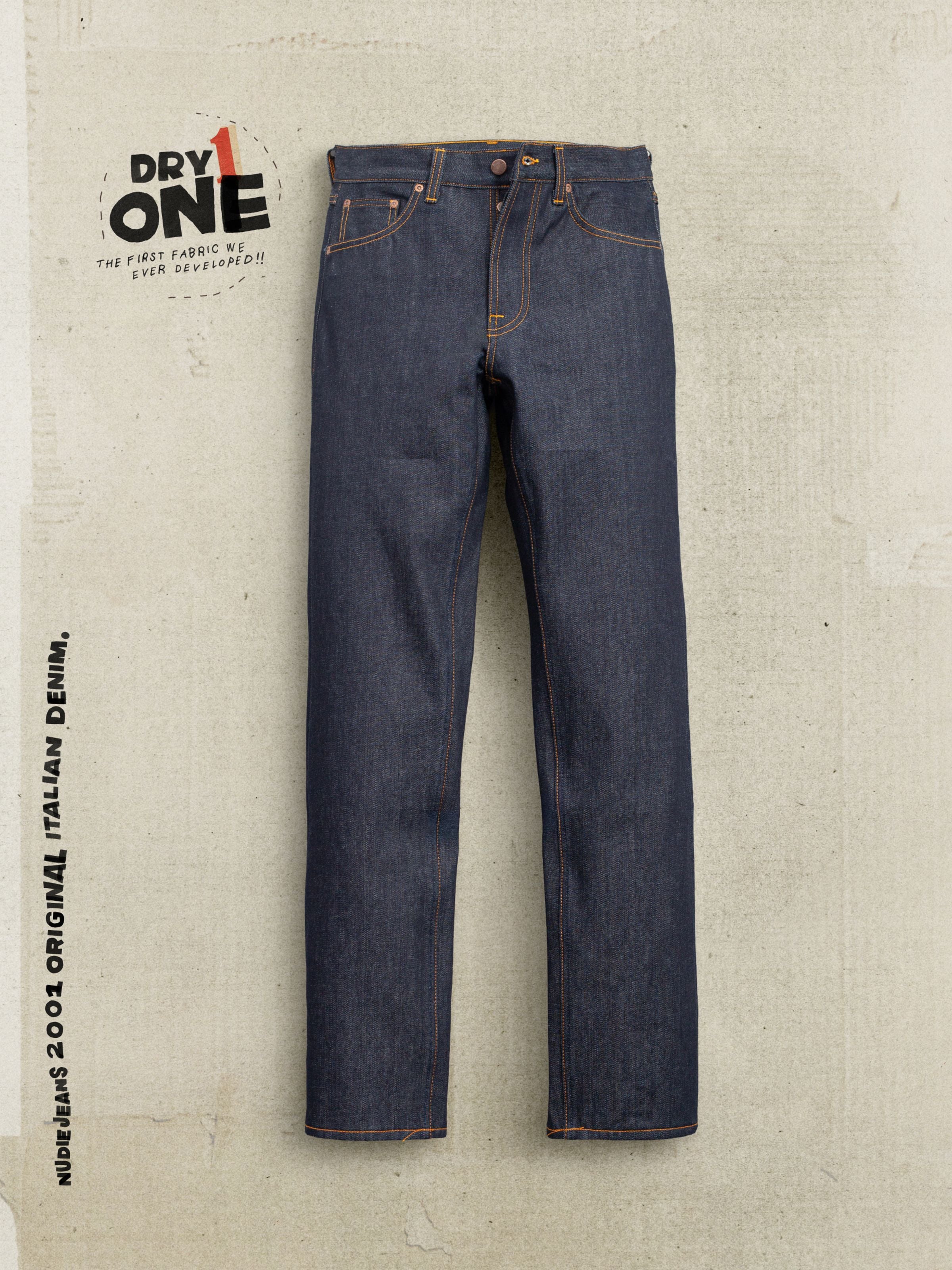 Nudie Jeans Rad Rufus Dry One, men's regular fit jeans in indigo rigid organic cotton denim, shown laid flat.
