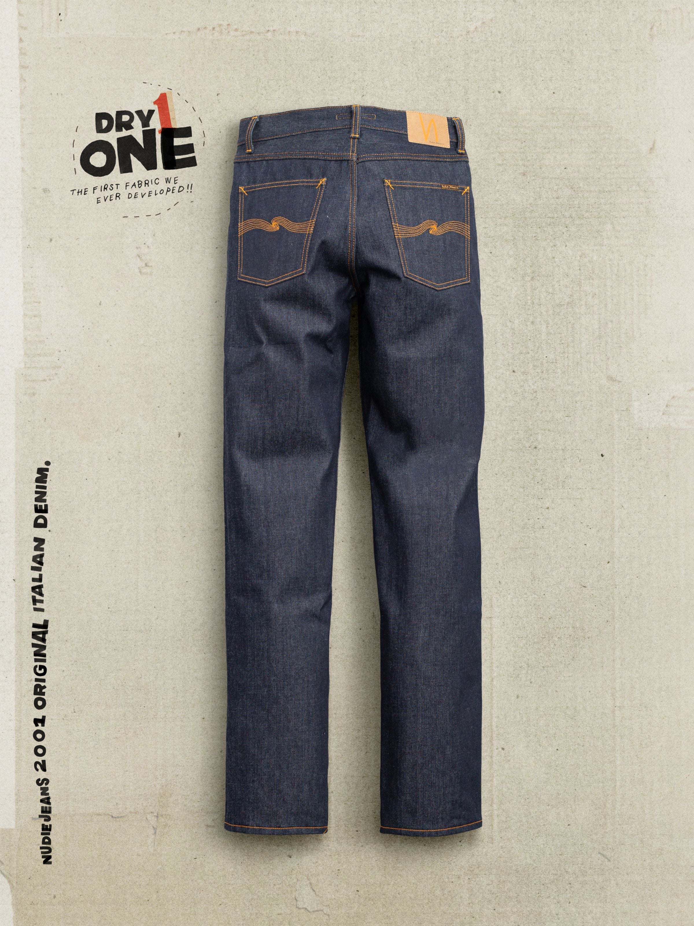 Nudie Jeans Rad Rufus Dry One, regular fit straight leg jeans in rigid organic cotton with orange back pocket embroidery.