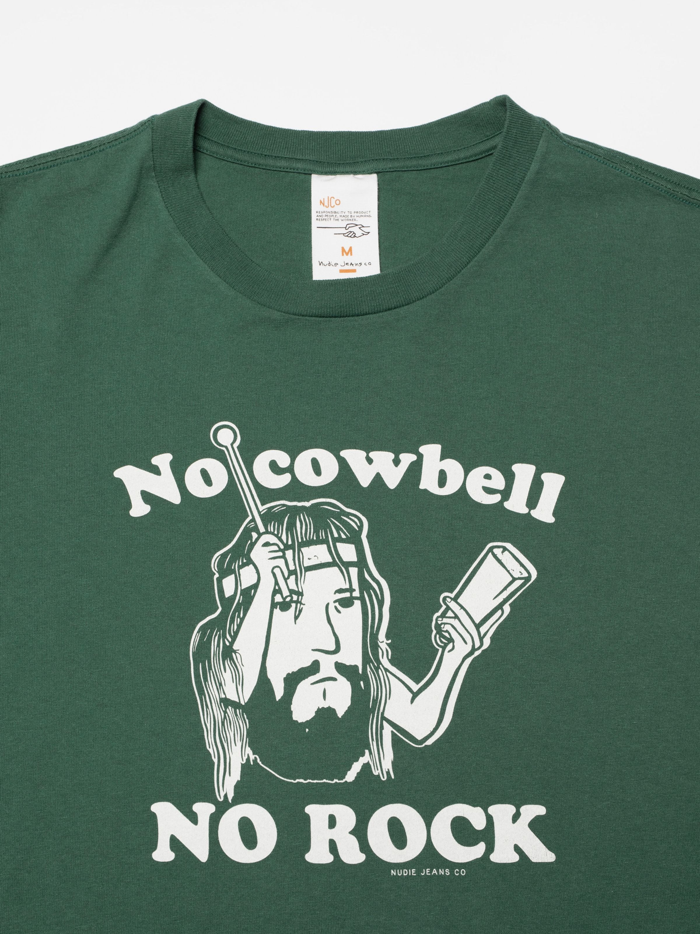 Nudie Jeans Roy Short T-Shirt Cowbell, showing a close-up of the green organic cotton crew neck and chest print.