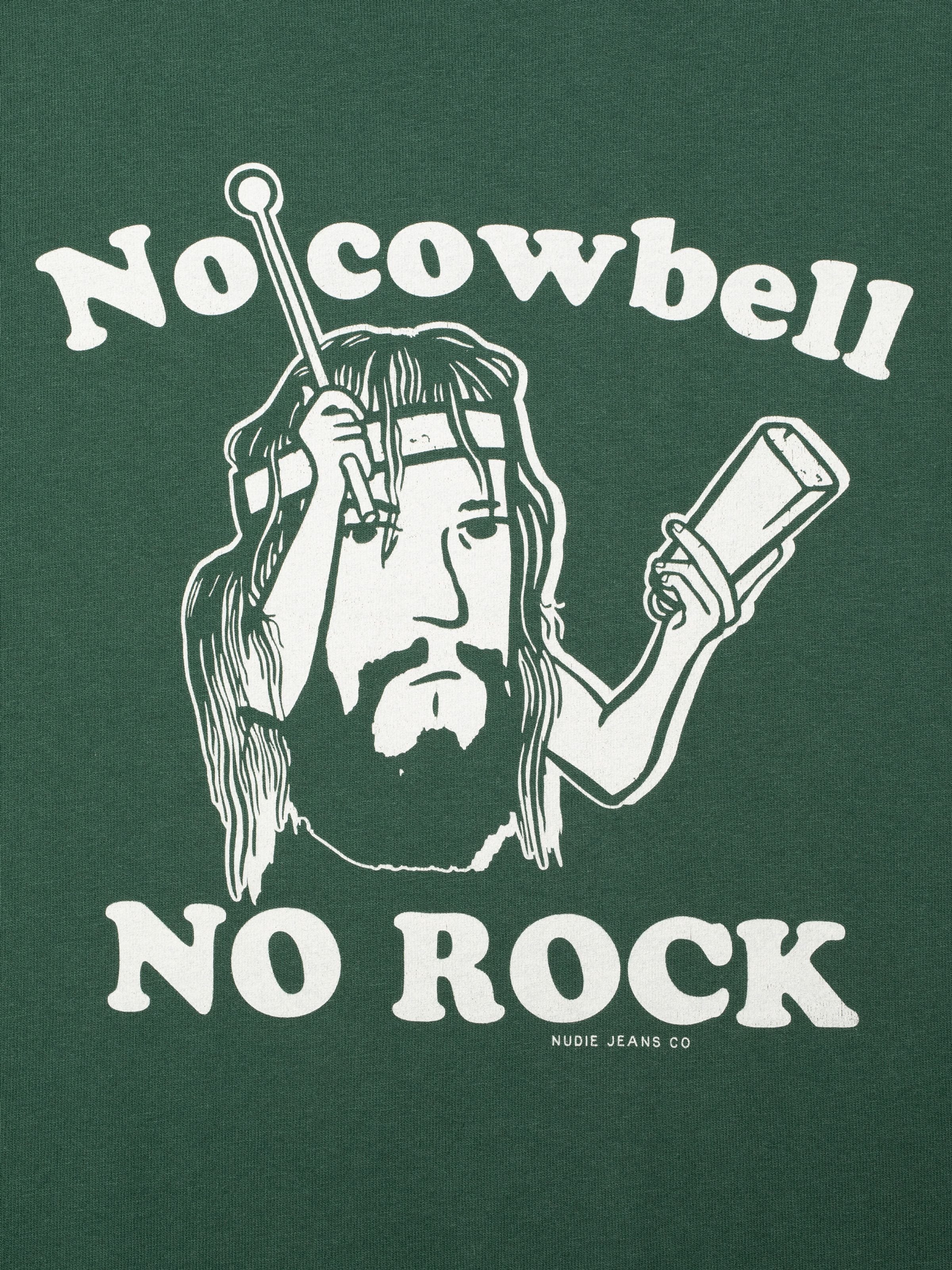 Nudie Jeans Roy Short T-Shirt Cowbell, close-up of the graphic print on the green organic cotton chest.