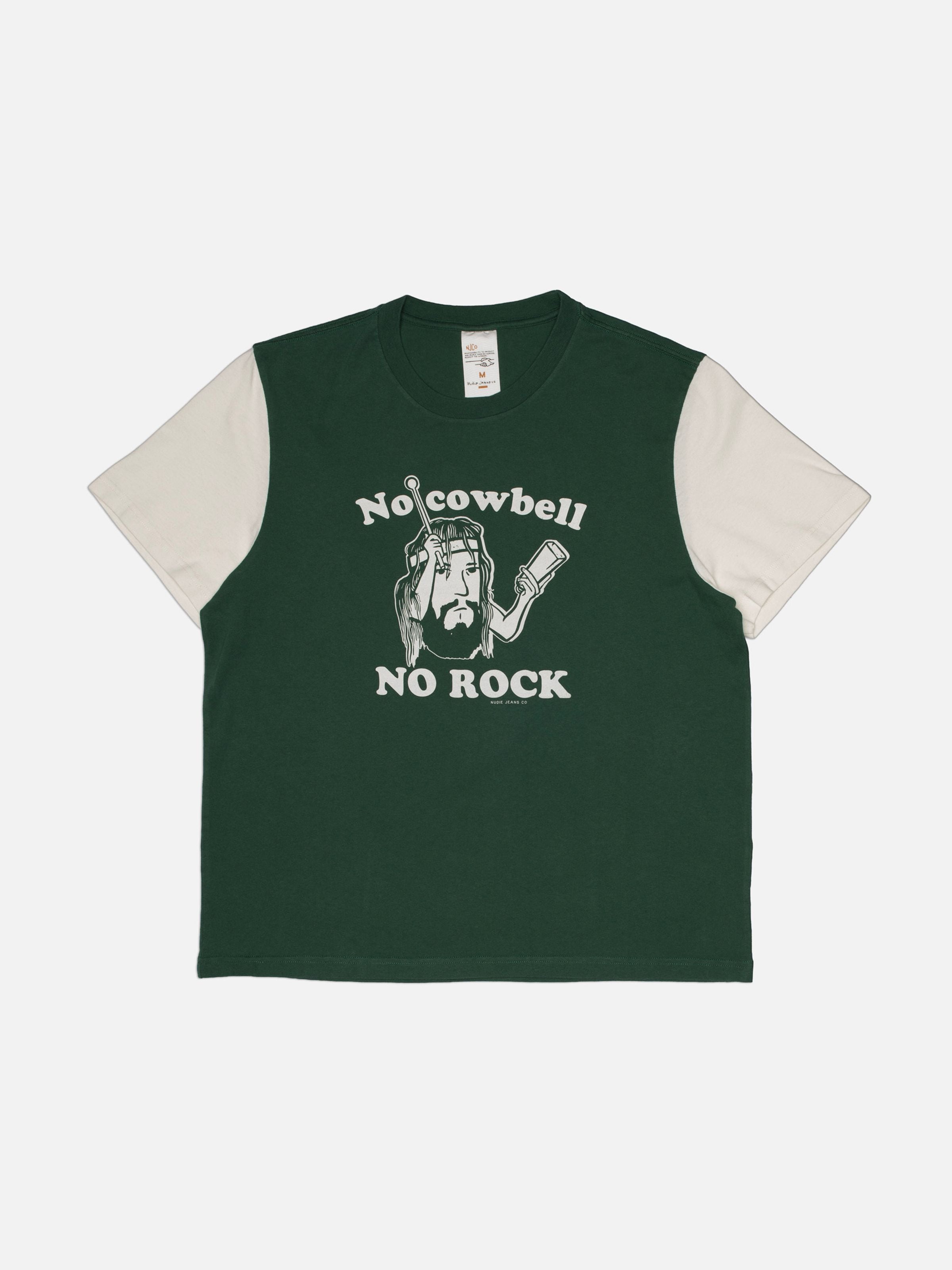 Nudie Jeans Roy Short T-Shirt Cowbell, regular fit organic cotton tee with contrast sleeves and chest print.