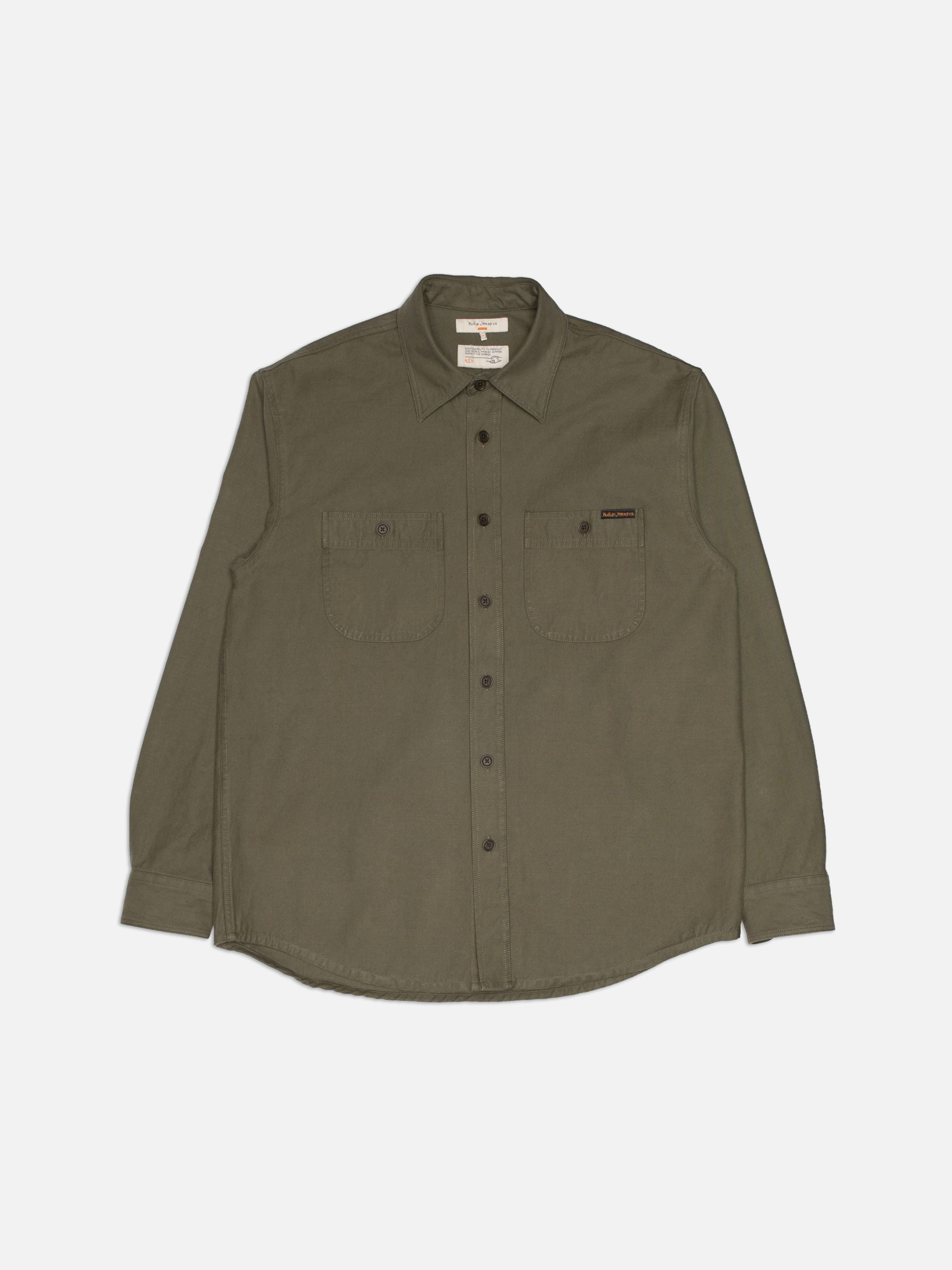 Nudie Jeans Julian Shirt in Olive Green, long-sleeve organic cotton sateen shirt shown in a full flat shot.