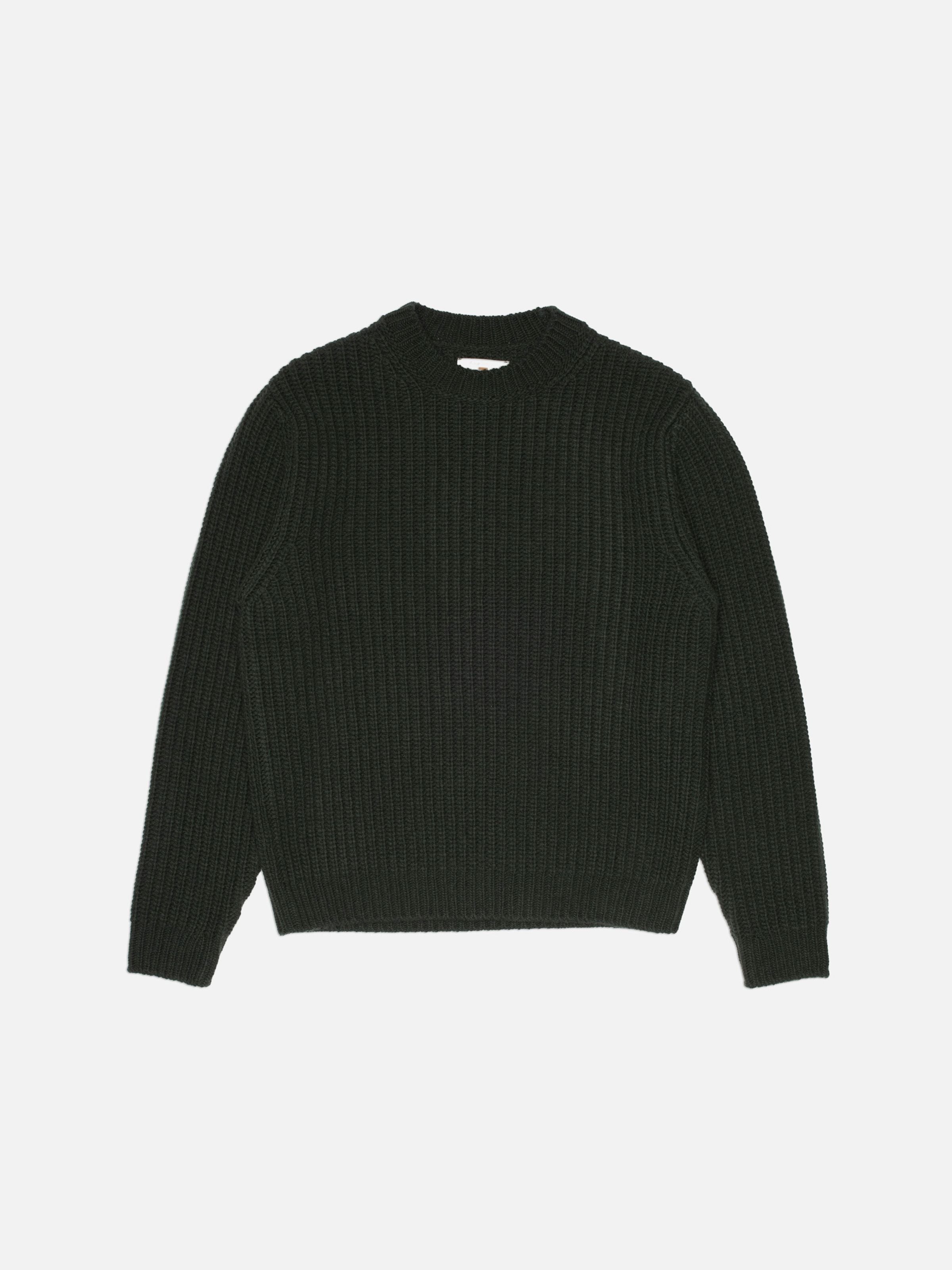 Nudie Jeans Gurra Sweater Chunky Knit in Racing Green, organic wool crew neck sweater shown in a flat shot.