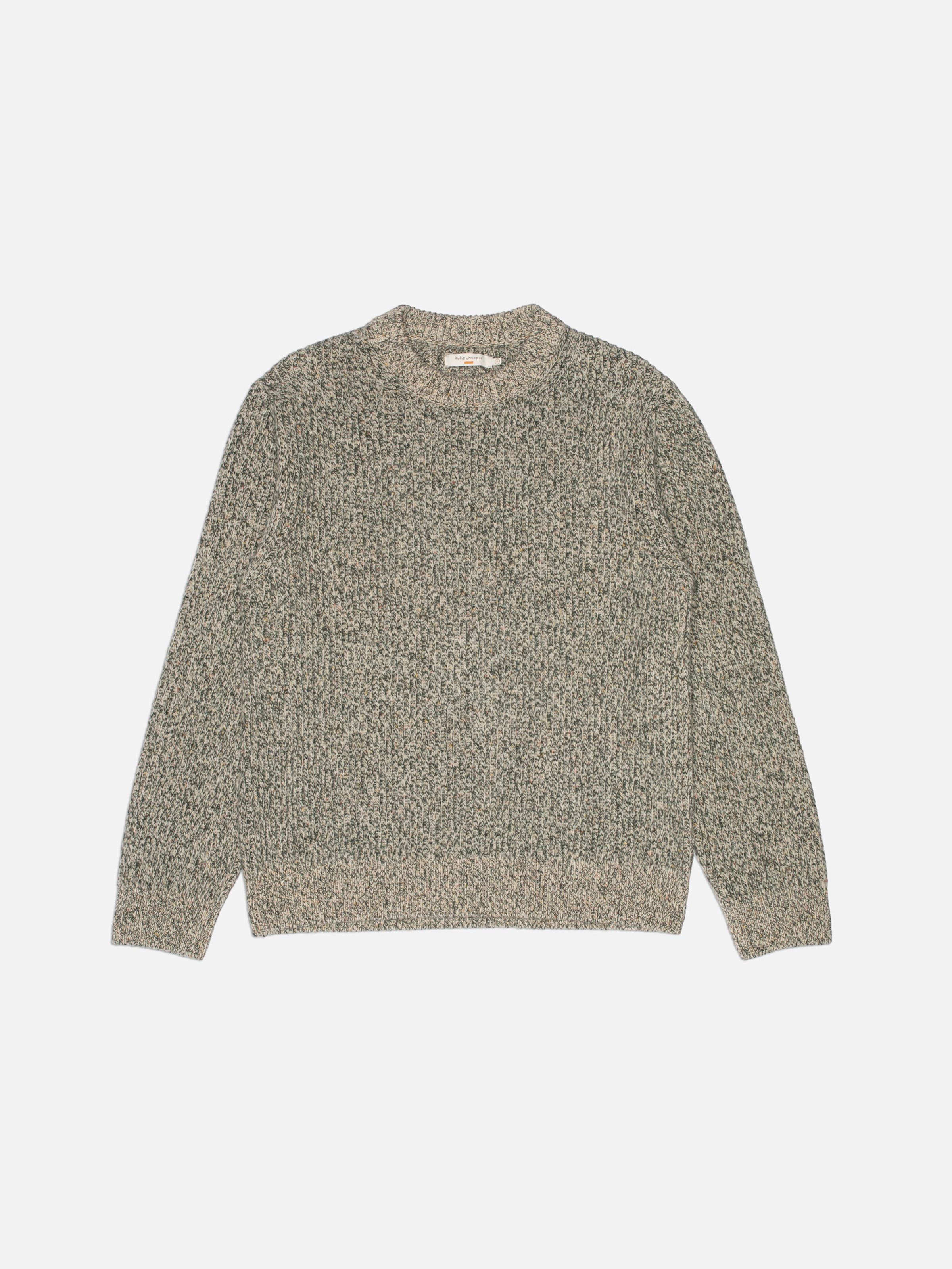 Nudie Jeans August Rib Wool Sweater in Green Melange, flat shot showing the organic wool knit.