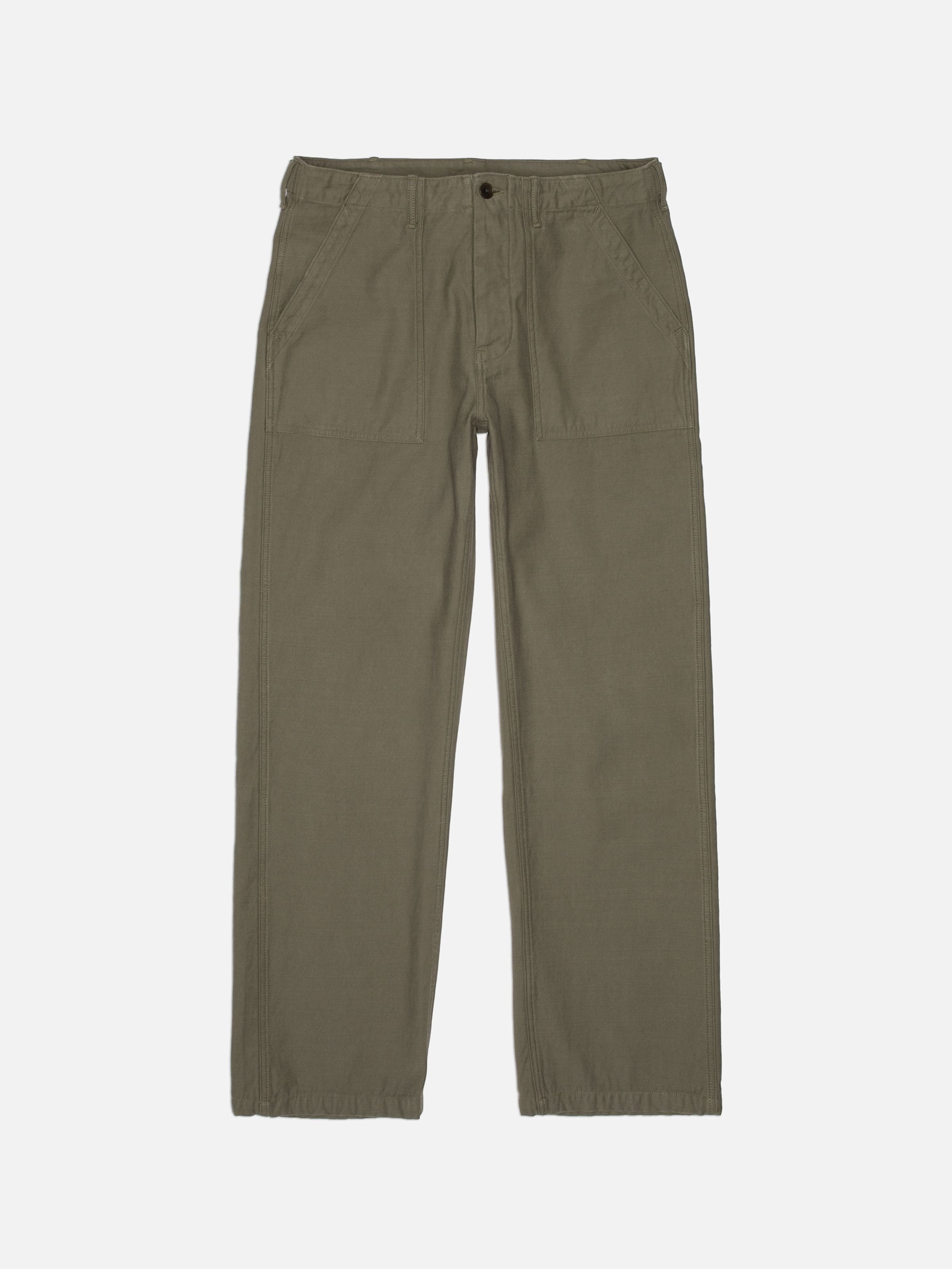 Nudie Jeans Tuff Tony Pants BS Olive Green, loose-fit wide-leg worker pants in organic cotton sateen, front flat shot.