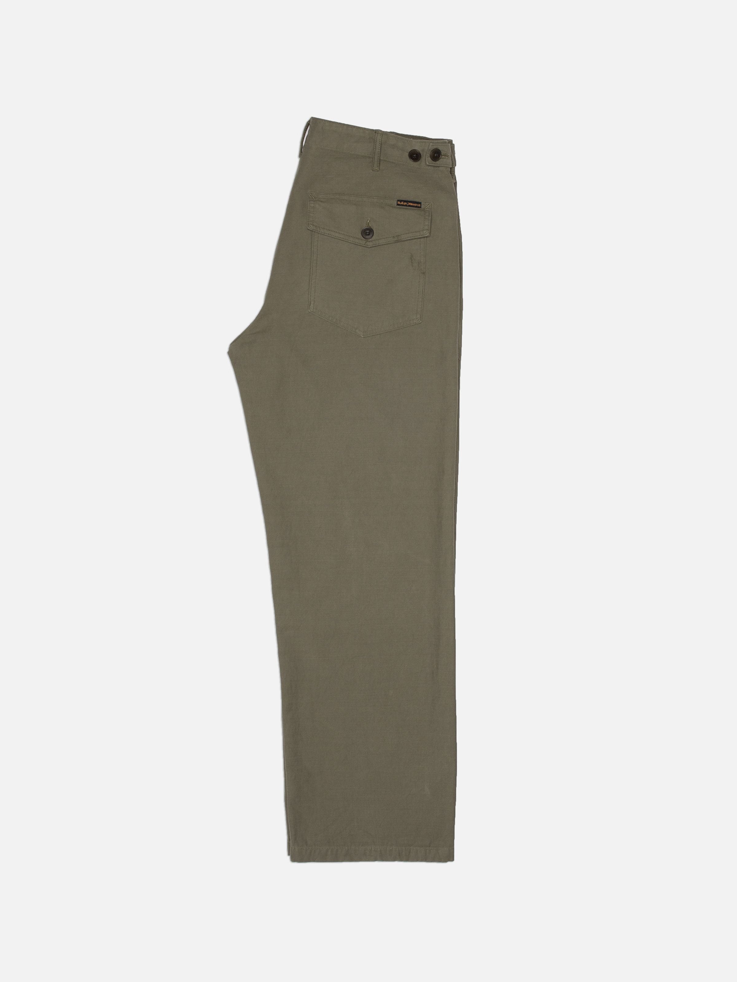Nudie Jeans Tuff Tony Pants BS Olive Green, loose-fit organic sateen worker pants shown in a side-profile view.