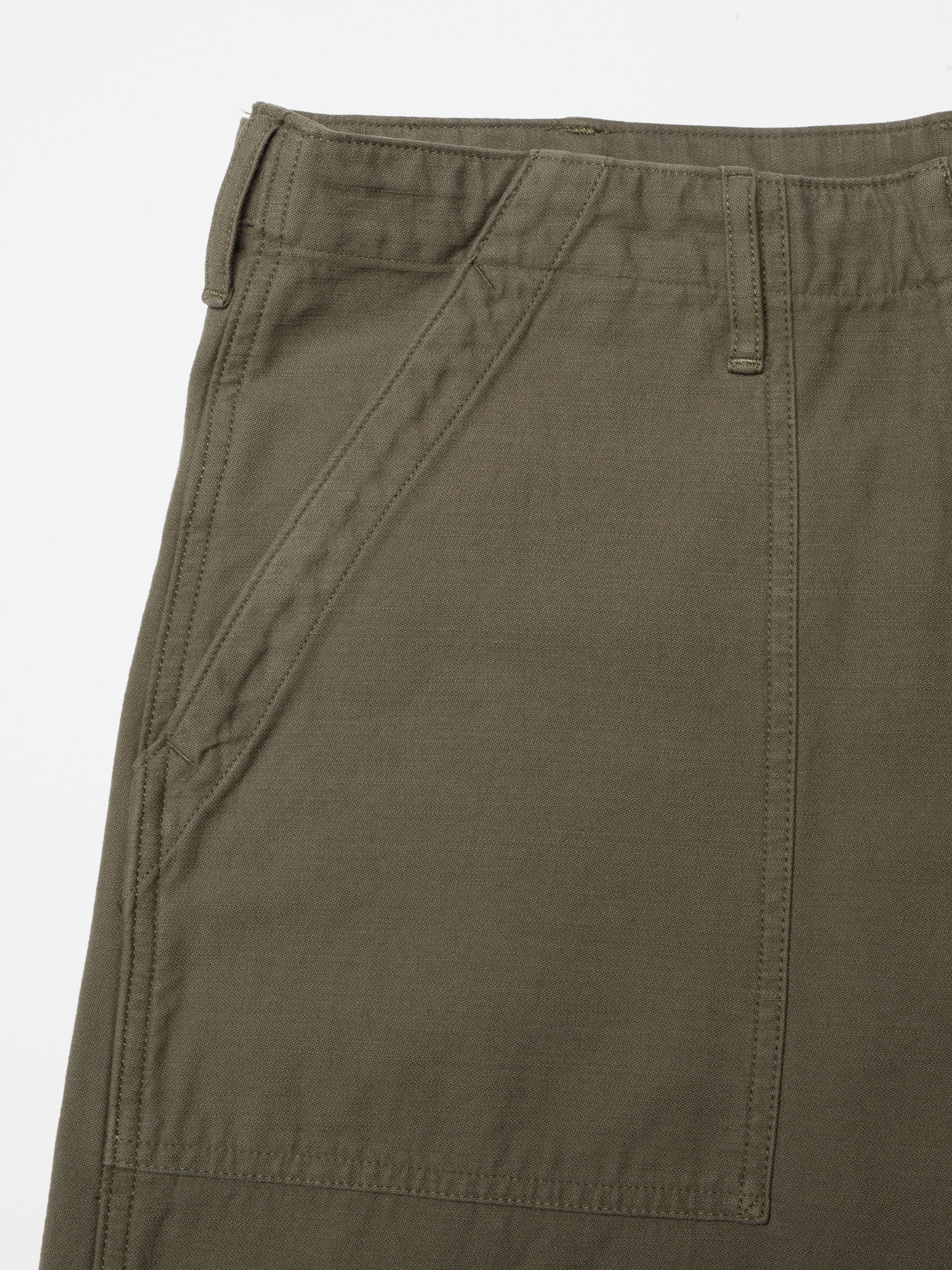Nudie Jeans Tuff Tony Pants in Olive Green, showing a close-up of the front pocket and organic cotton sateen texture.