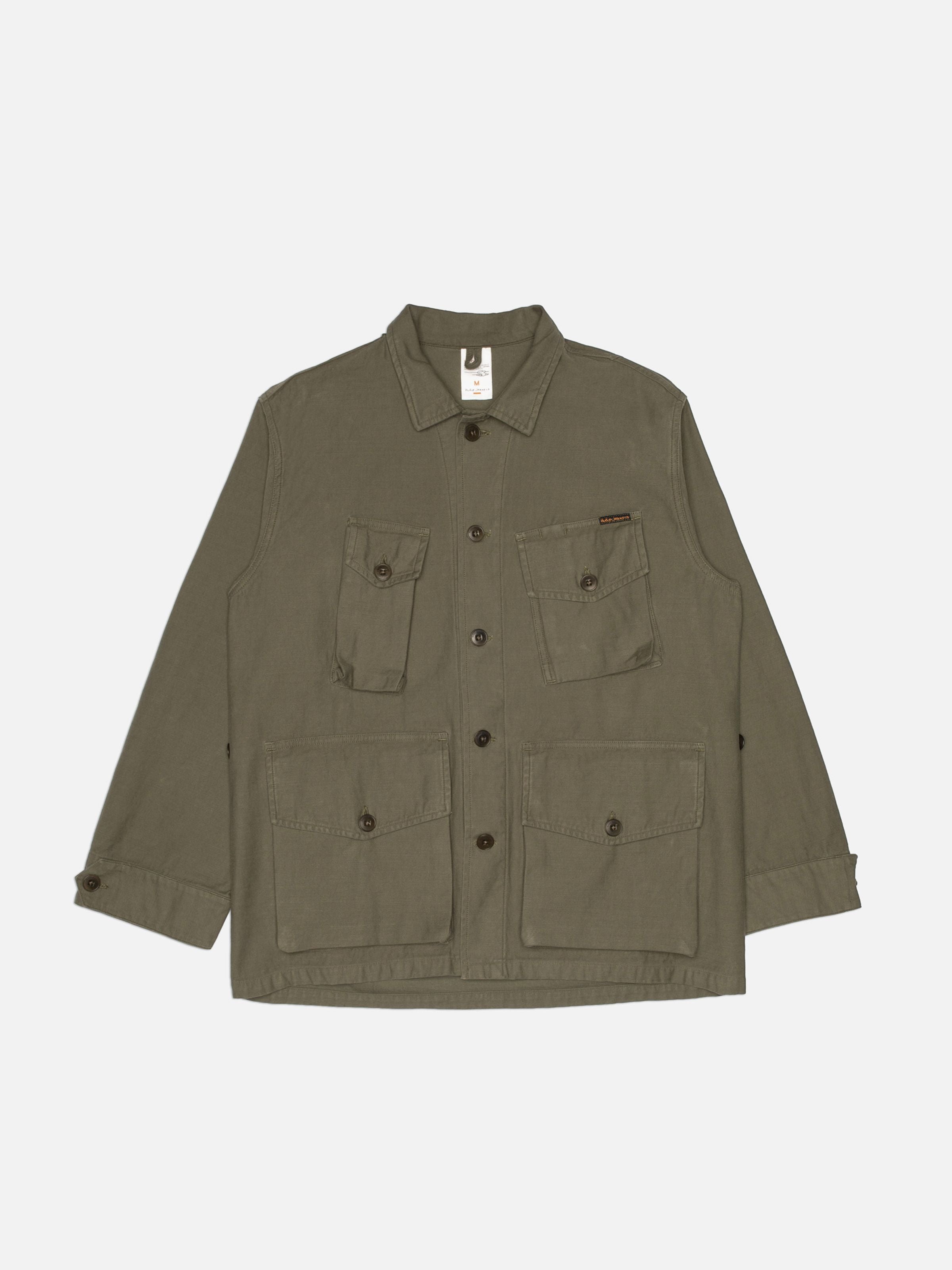 Nudie Jeans Bror Field Jacket in Olive Green, full flat shot of the organic cotton sateen utility jacket.