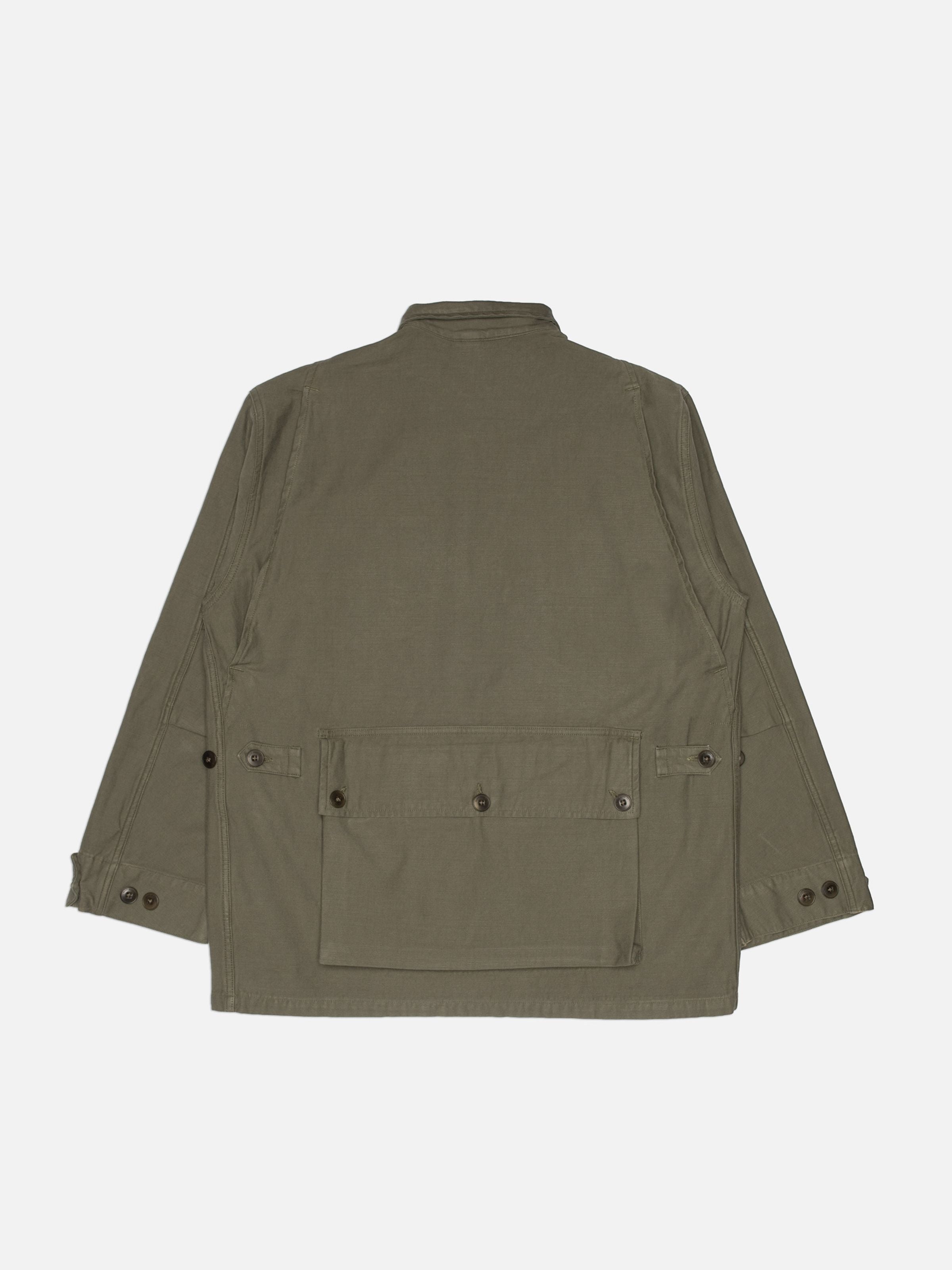 Nudie Jeans Bror Field Jacket Back Sateen in Olive Green, showing the back view with its signature large rear pocket.
